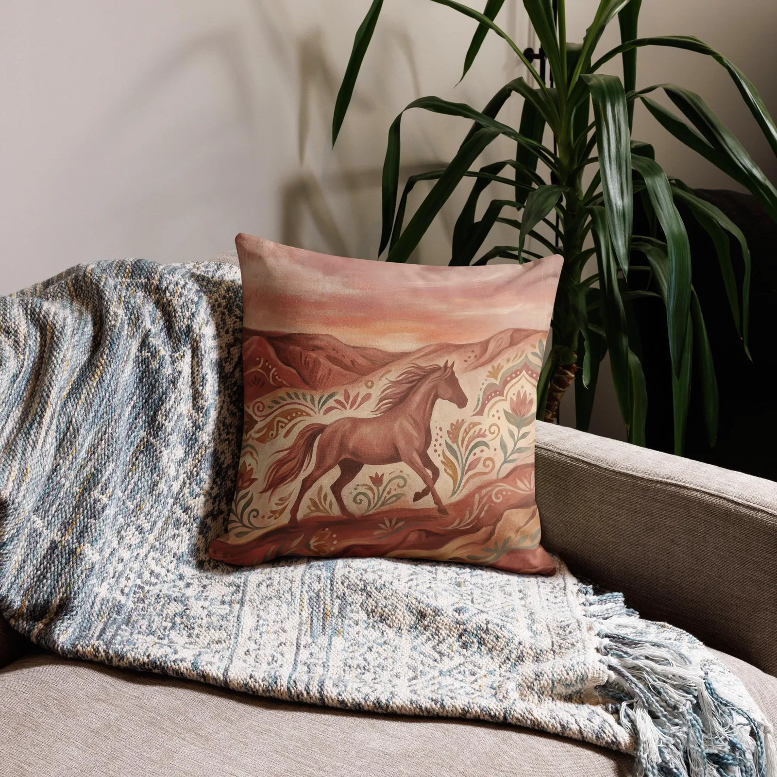 Terracotta Desert Horse Pillow: Folk Art Southwest Decor, photo 3