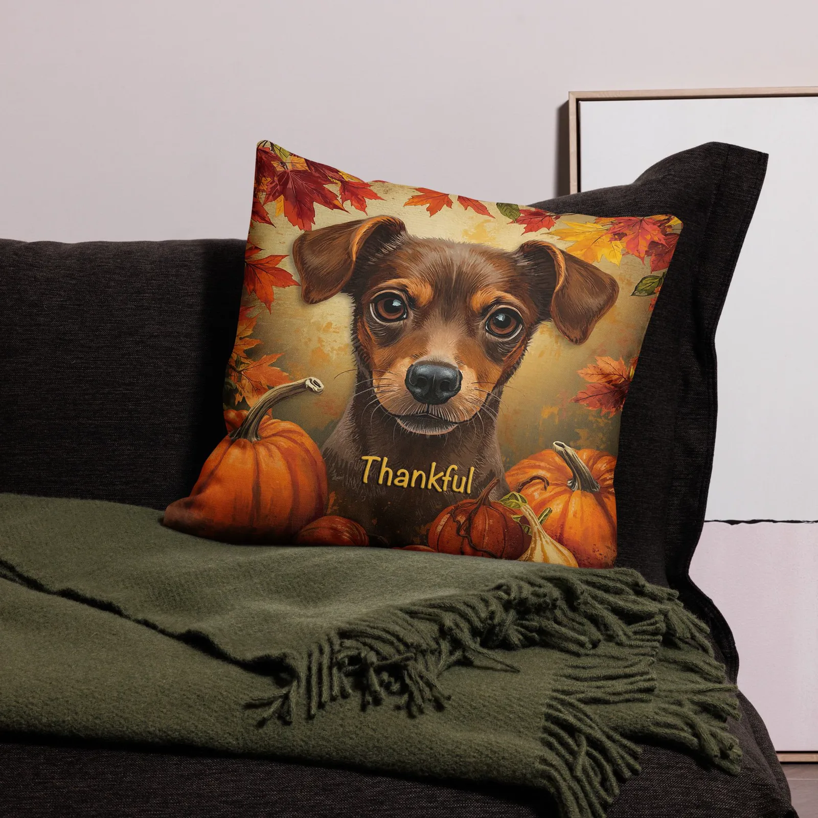Thankful Min Pin Throw Pillow: Autumn Dog Lover Decor, photo 9