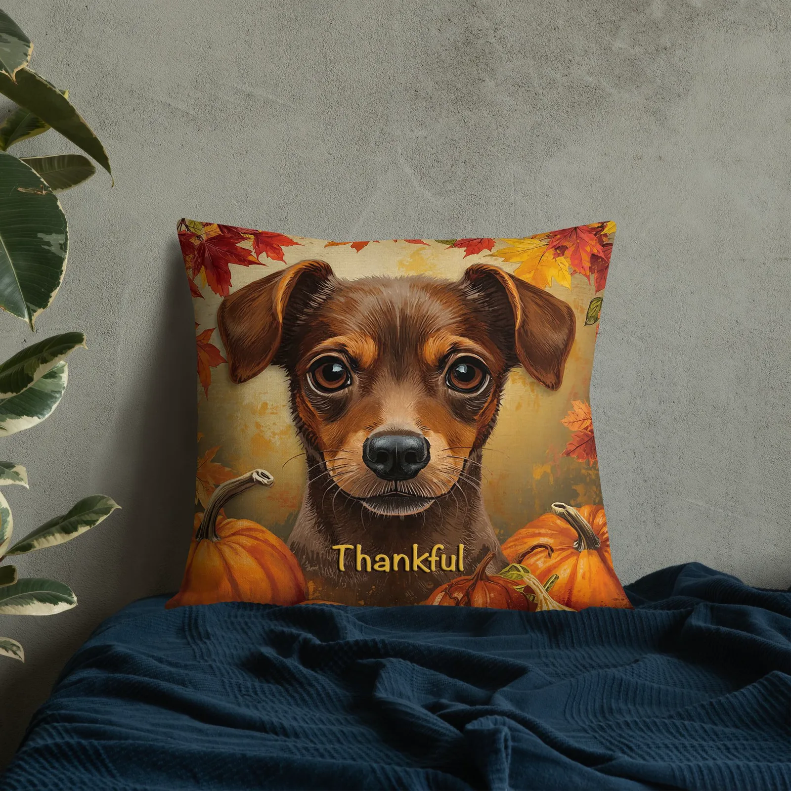 Thankful Min Pin Throw Pillow: Autumn Dog Lover Decor, photo 7