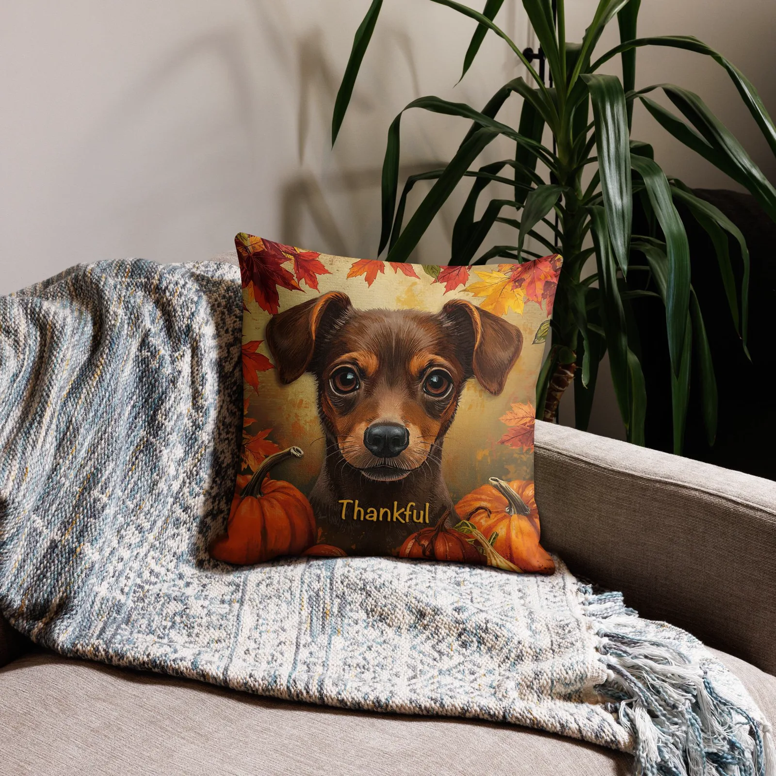 Thankful Min Pin Throw Pillow: Autumn Dog Lover Decor, photo 3