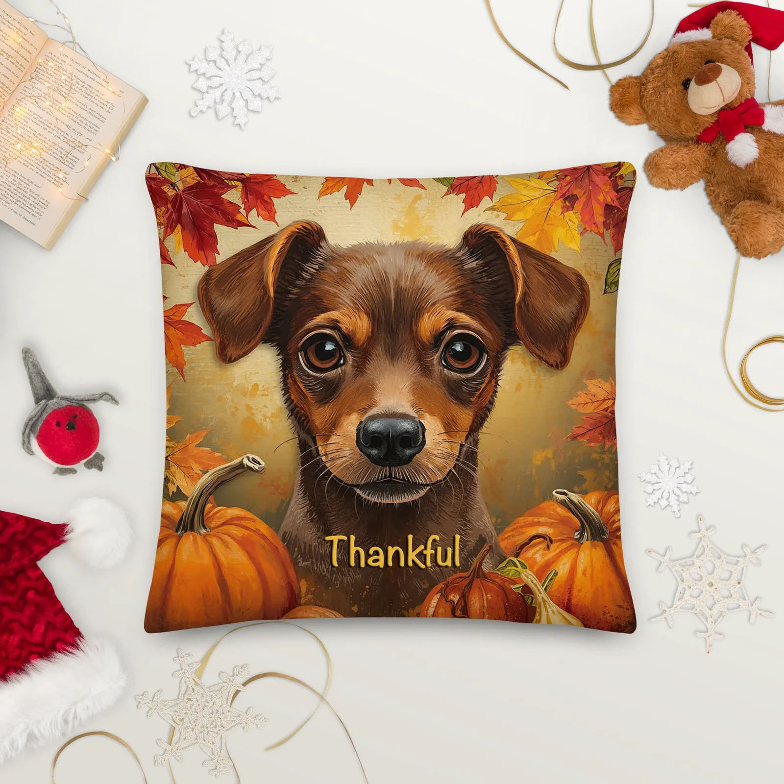 Thankful Min Pin Throw Pillow: Autumn Dog Lover Decor, photo 10