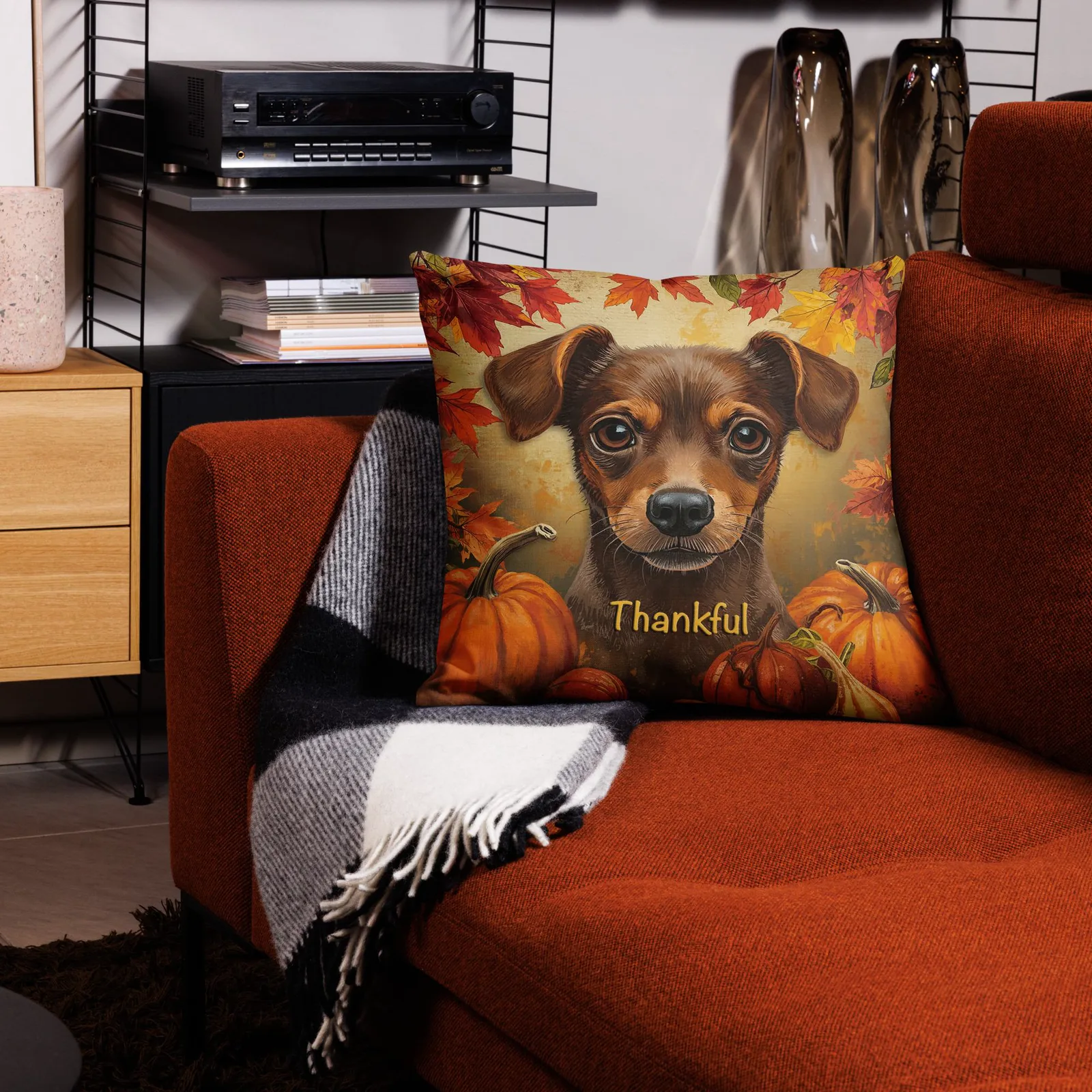 Thankful Min Pin Throw Pillow: Autumn Dog Lover Decor, photo 8