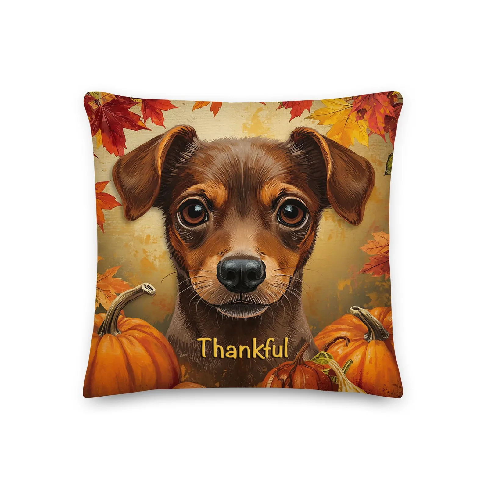 Thankful Min Pin Throw Pillow: Autumn Dog Lover Decor