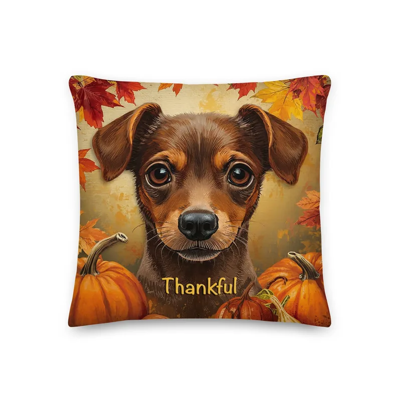 Thankful Min Pin Throw Pillow: Autumn Dog Lover Decor