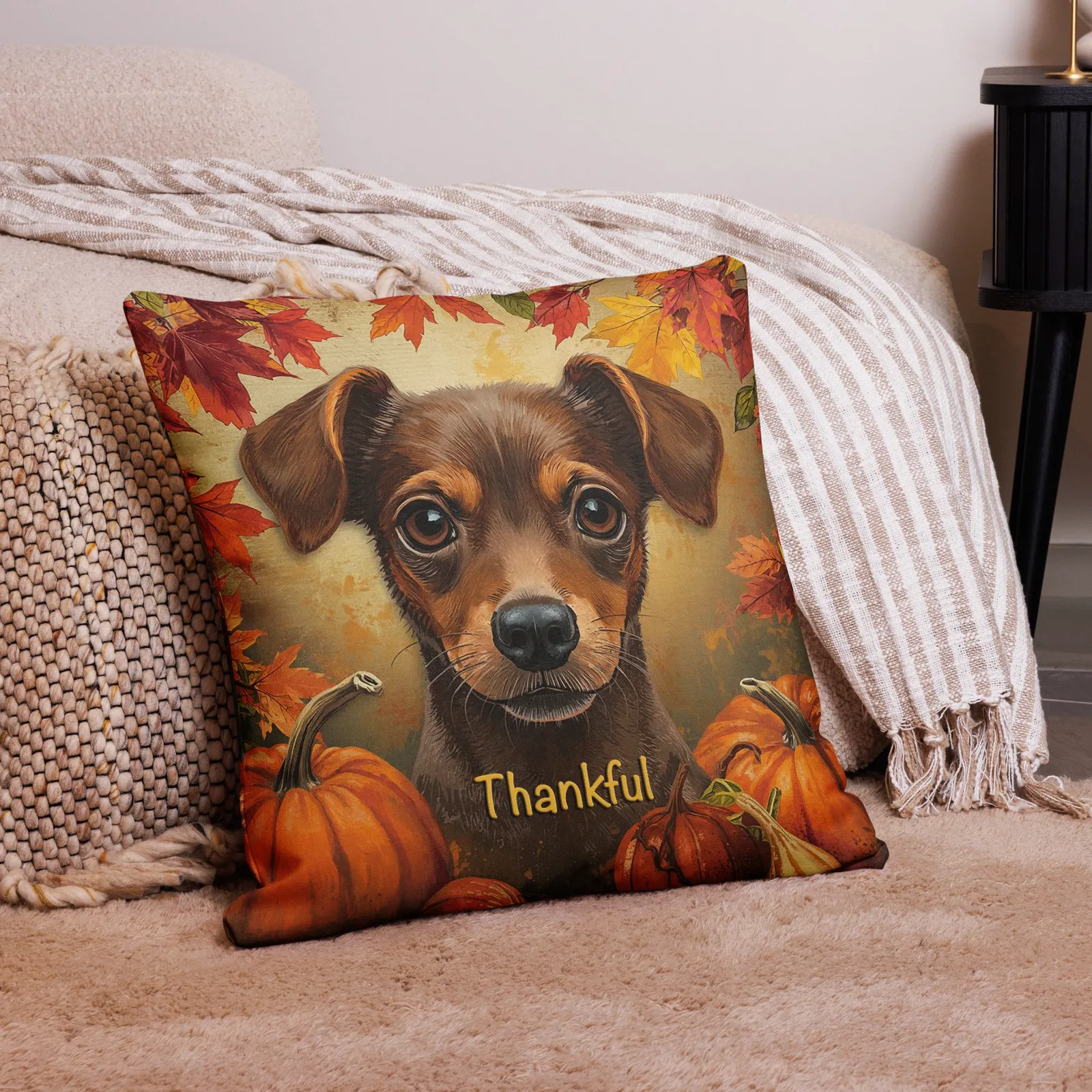 Thankful Min Pin Throw Pillow: Autumn Dog Lover Decor, photo 2