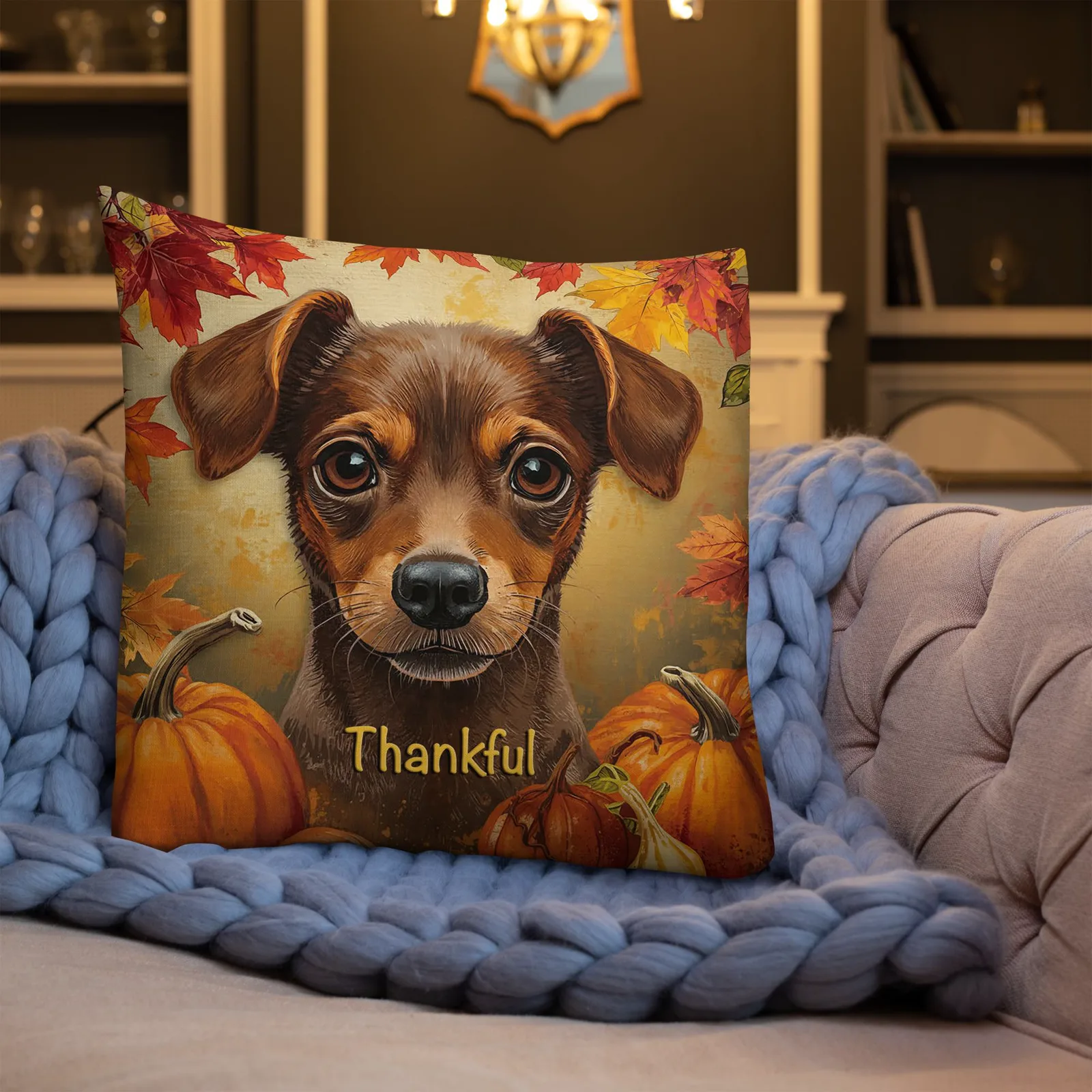 Thankful Min Pin Throw Pillow: Autumn Dog Lover Decor, photo 4