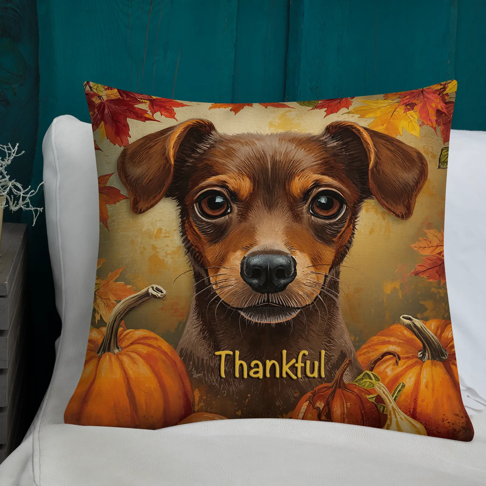 Thankful Min Pin Throw Pillow: Autumn Dog Lover Decor, photo 5