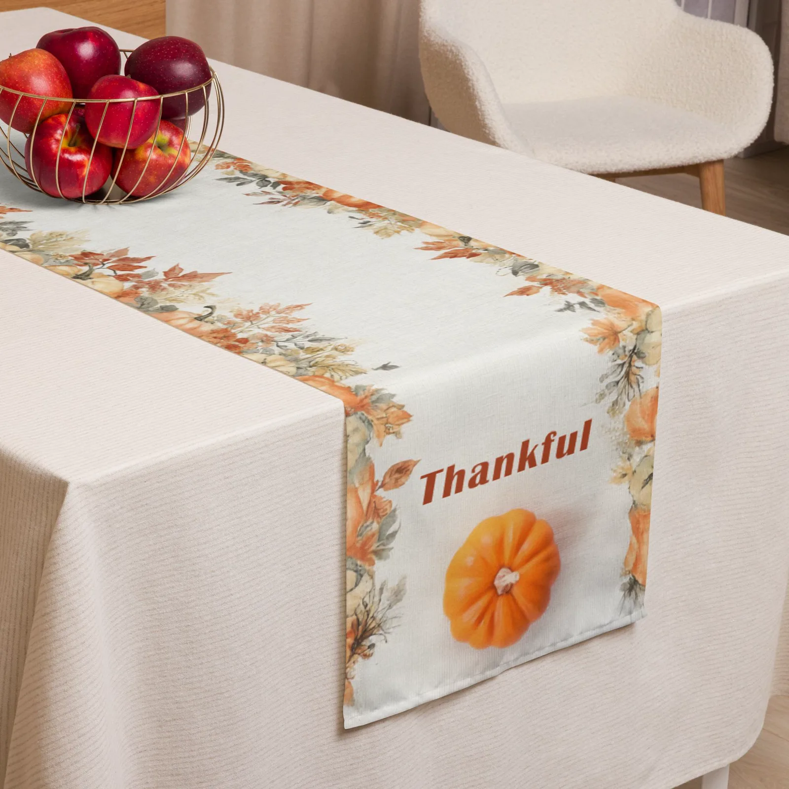 Thankful Pumpkin Table Runner: Thanksgiving Dining Decor (90x16 in)