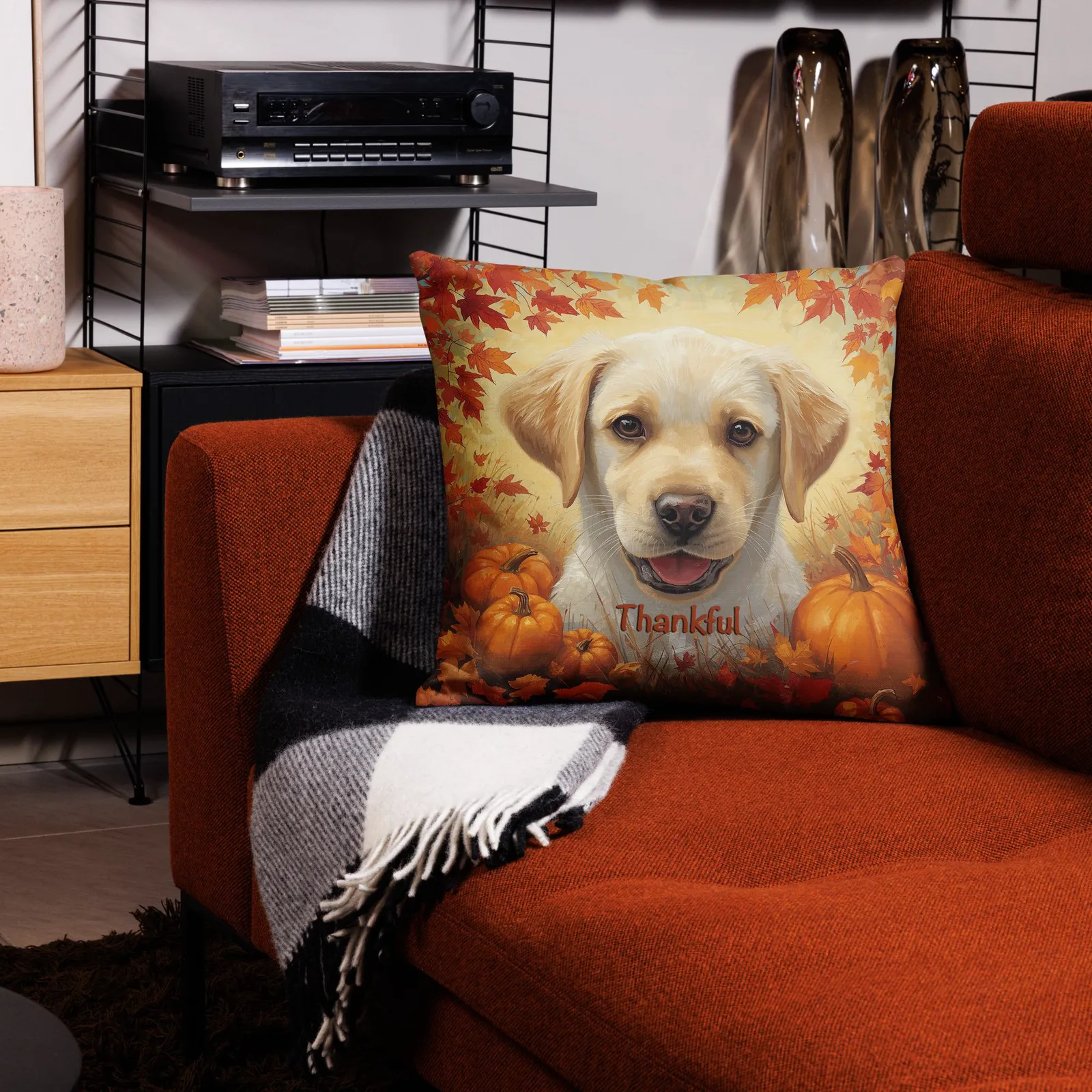 Thankful Puppy Lab Throw Pillow: Autumn Dog Lover Decor, photo 2