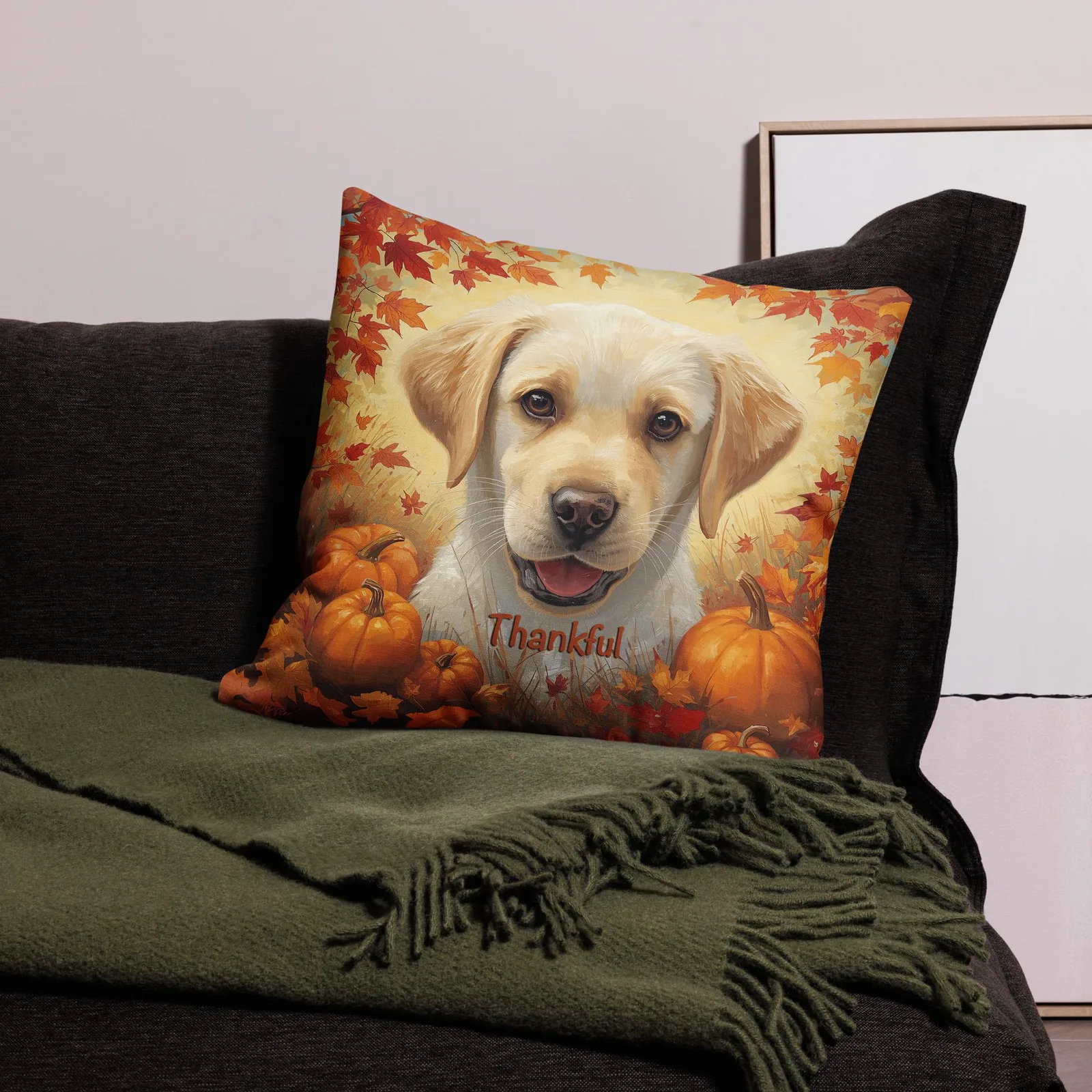 Thankful Puppy Lab Throw Pillow: Autumn Dog Lover Decor, photo 3