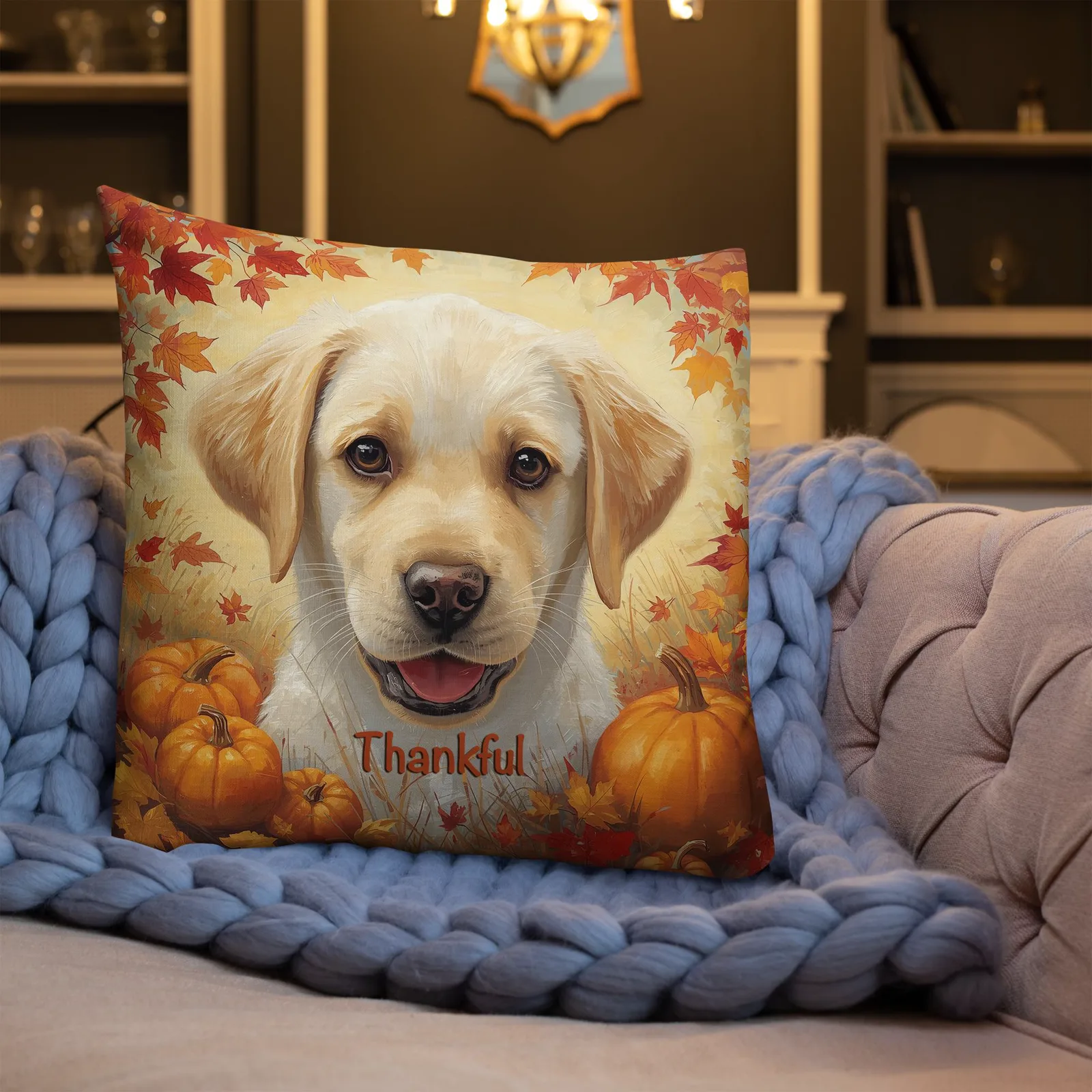 Thankful Puppy Lab Throw Pillow: Autumn Dog Lover Decor, photo 9