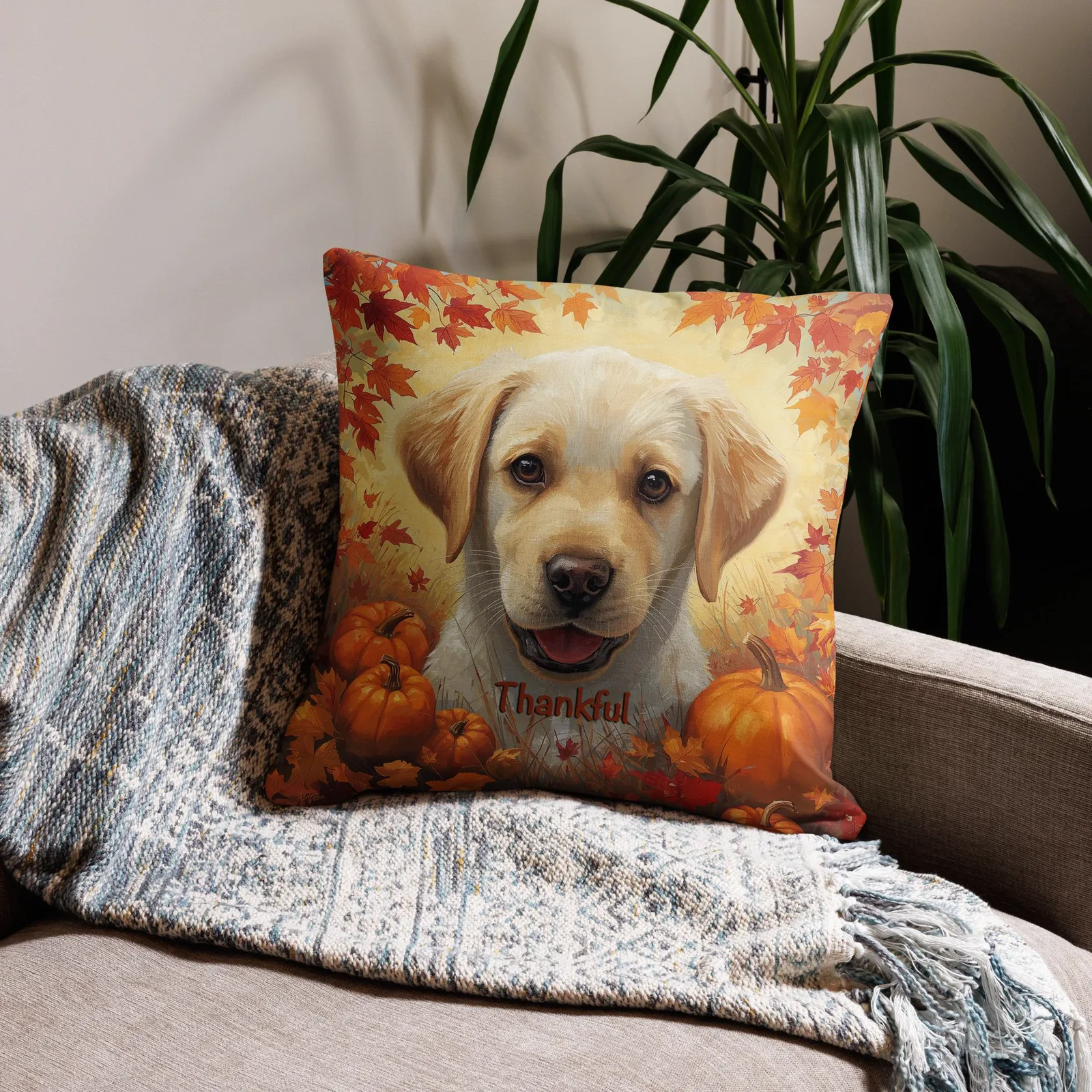 Thankful Puppy Lab Throw Pillow: Autumn Dog Lover Decor, photo 4
