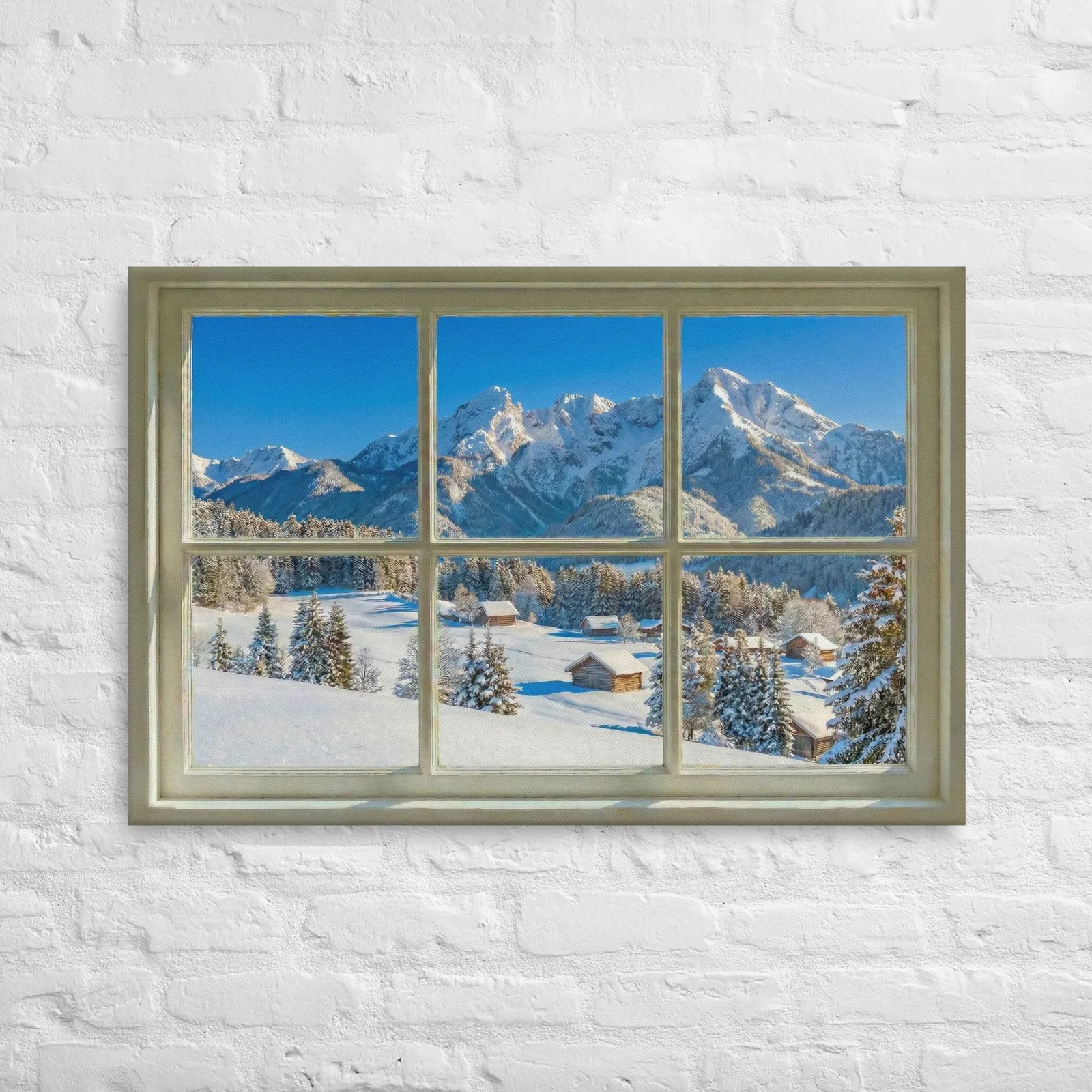 Thin Canvas Snowy Mountain Window View: Winter Mountain Decor Wall Art