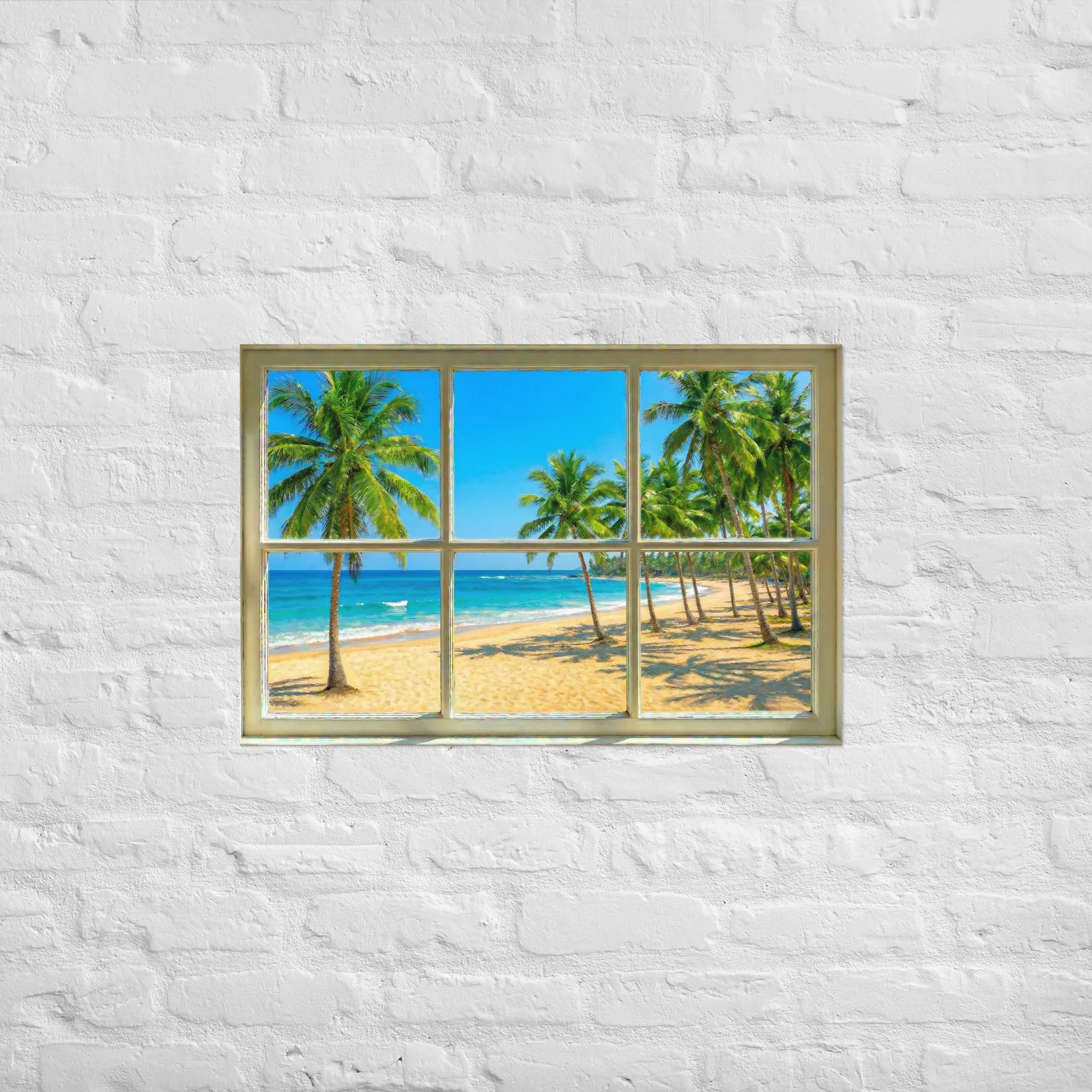 Tropical Beach Faux Window Poster: Ocean View Illusion Wall Art