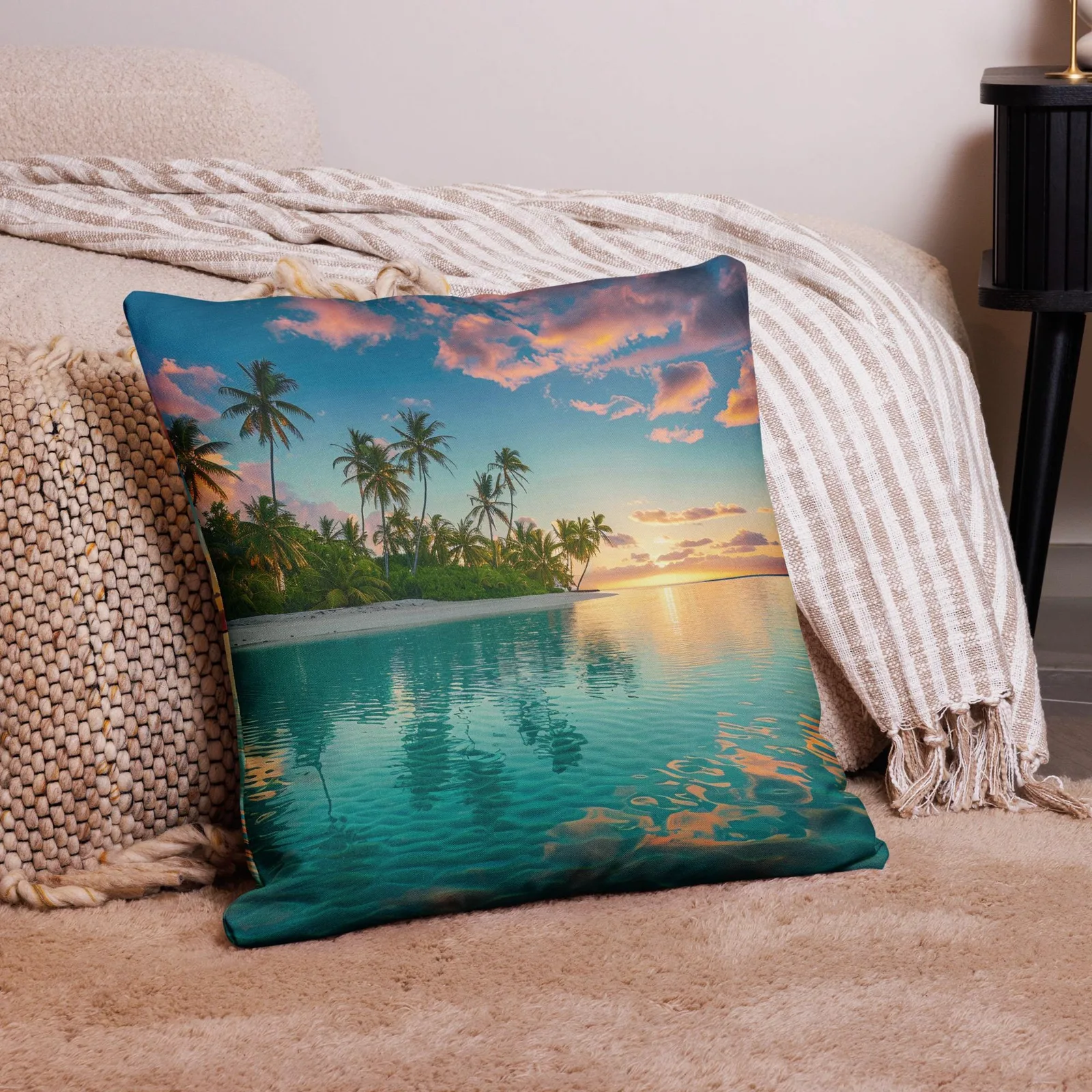 Tropical Lagoon Sunset Throw Pillow: Coastal Beach Linen-Feel Decor, photo 3