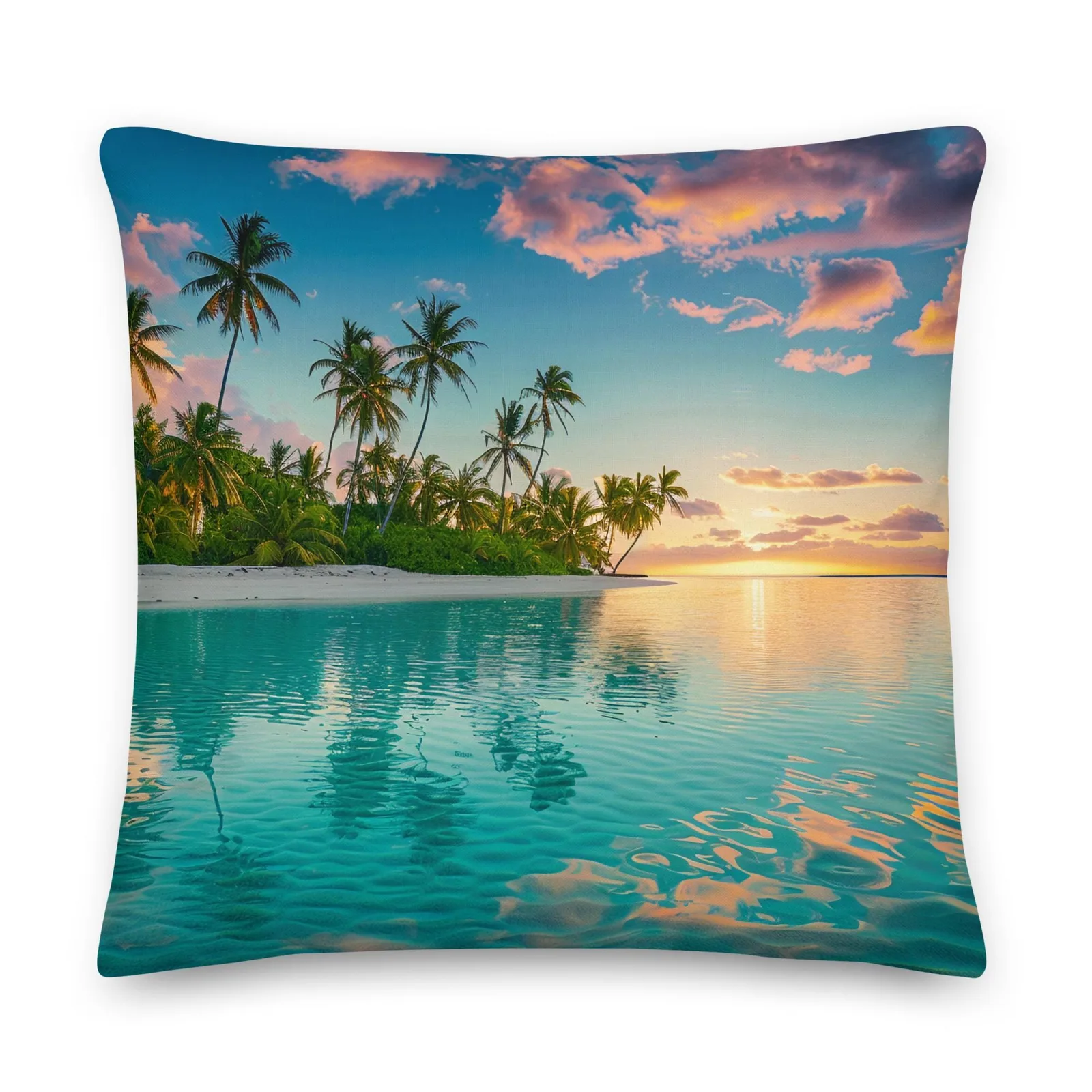 Tropical Lagoon Sunset Throw Pillow: Coastal Beach Linen-Feel Decor
