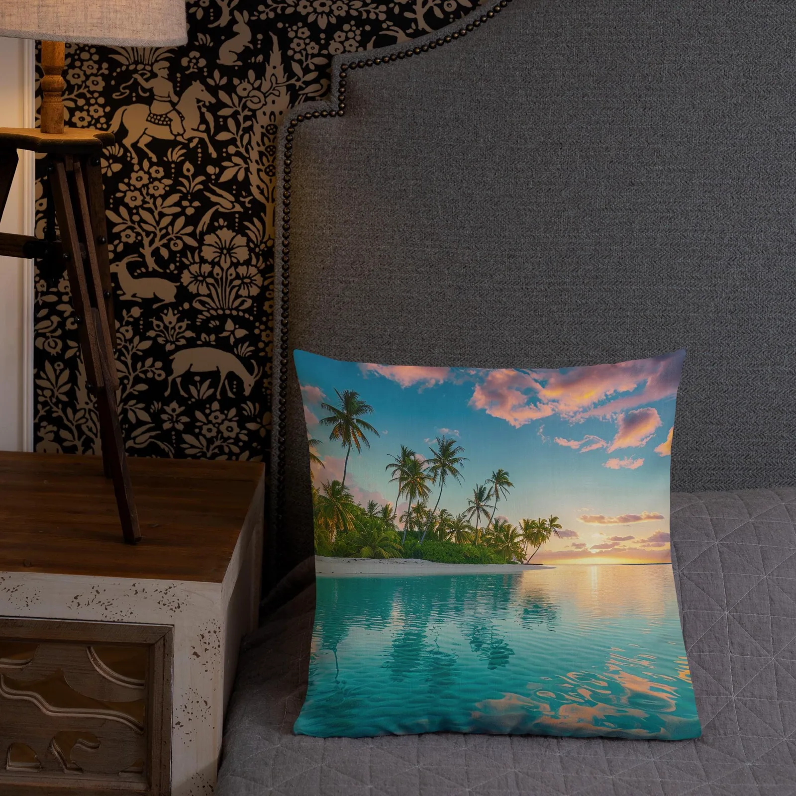Tropical Lagoon Sunset Throw Pillow: Coastal Beach Linen-Feel Decor, photo 8