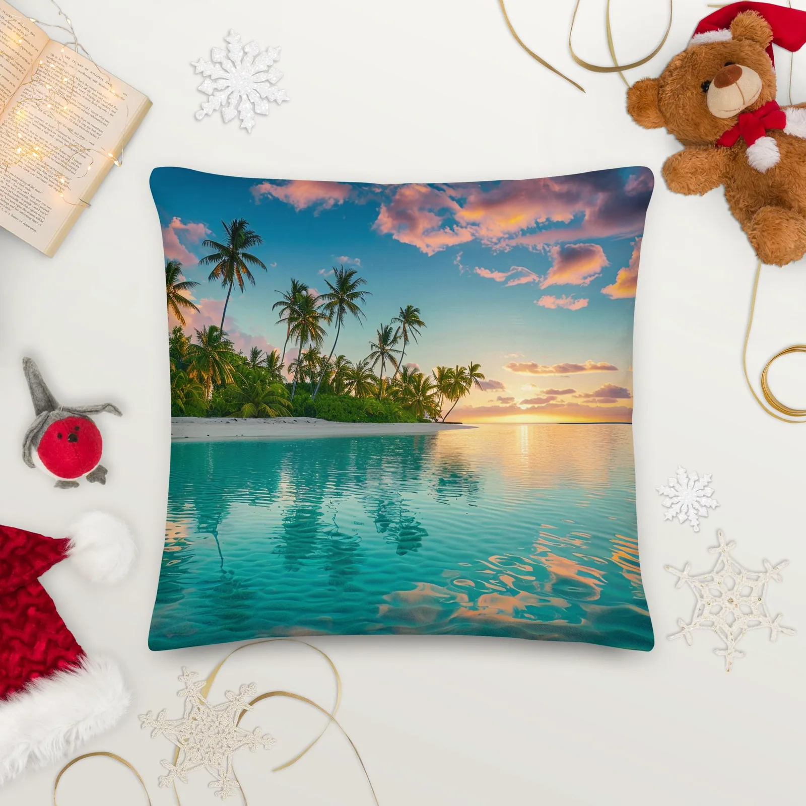 Tropical Lagoon Sunset Throw Pillow: Coastal Beach Linen-Feel Decor, photo 10