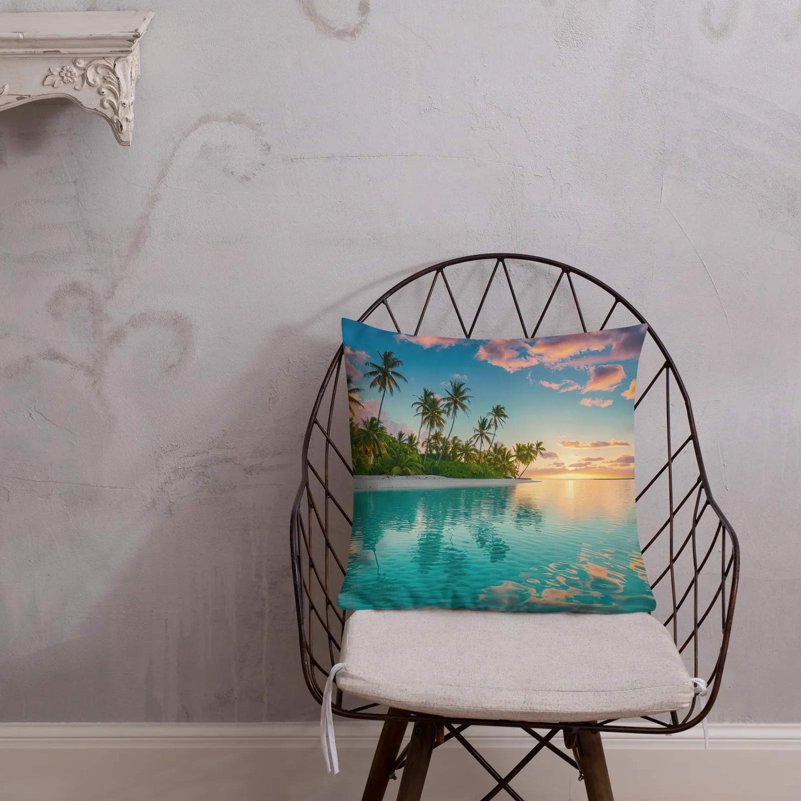 Tropical Lagoon Sunset Throw Pillow: Coastal Beach Linen-Feel Decor, photo 7