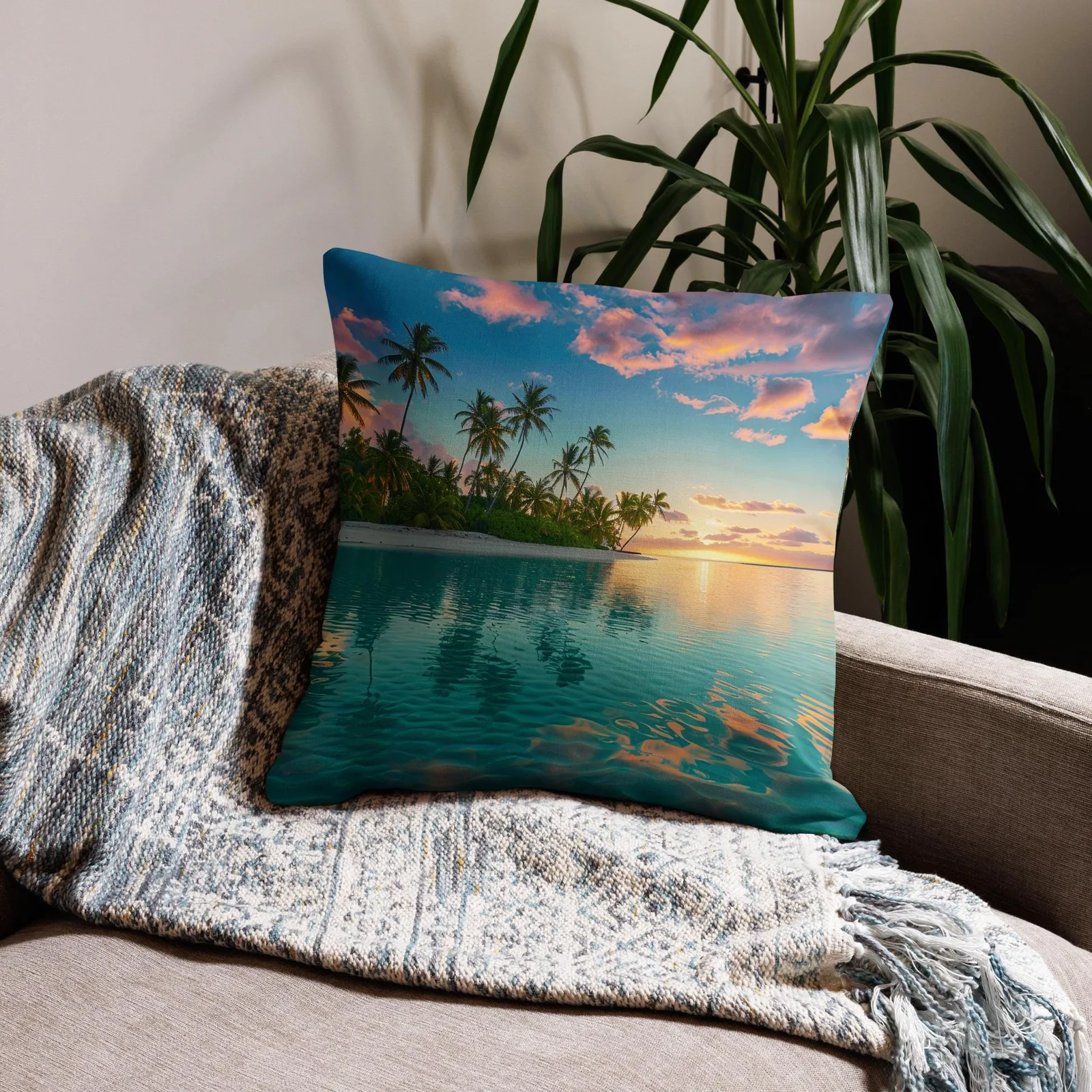 Tropical Lagoon Sunset Throw Pillow: Coastal Beach Linen-Feel Decor, photo 5