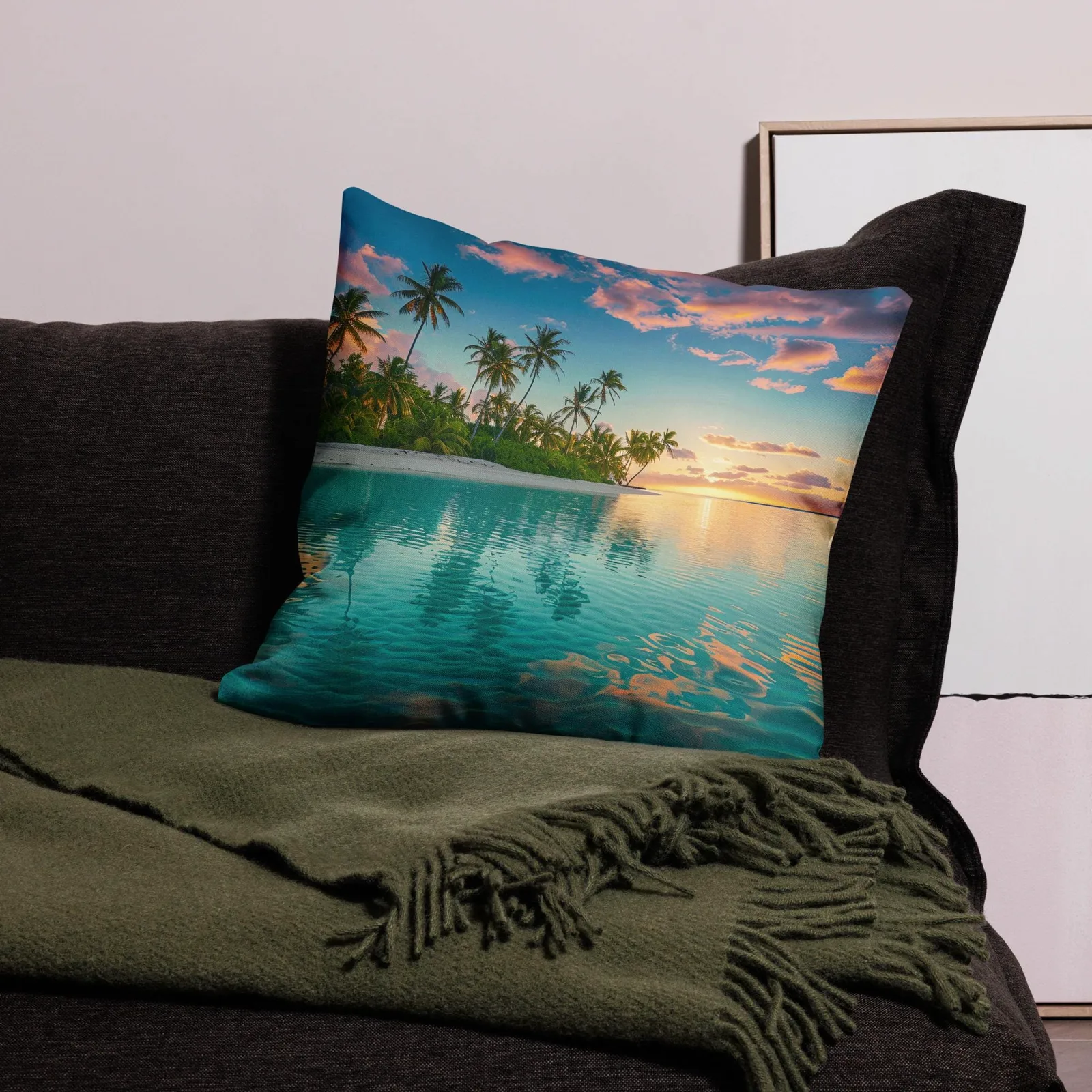 Tropical Lagoon Sunset Throw Pillow: Coastal Beach Linen-Feel Decor, photo 4