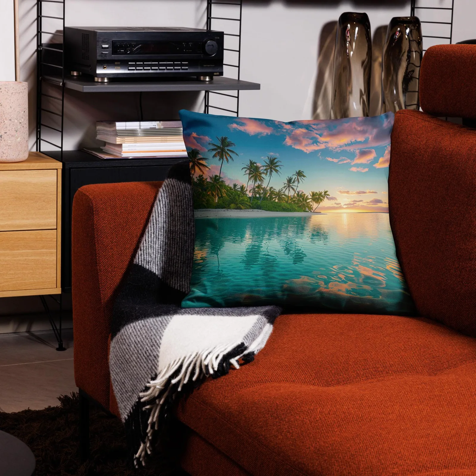 Tropical Lagoon Sunset Throw Pillow: Coastal Beach Linen-Feel Decor, photo 6