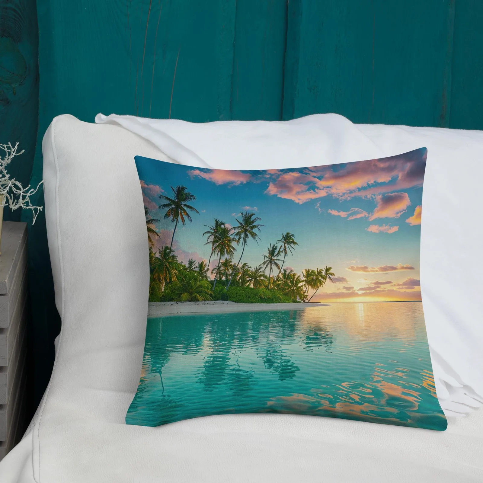 Tropical Lagoon Sunset Throw Pillow: Coastal Beach Linen-Feel Decor, photo 2