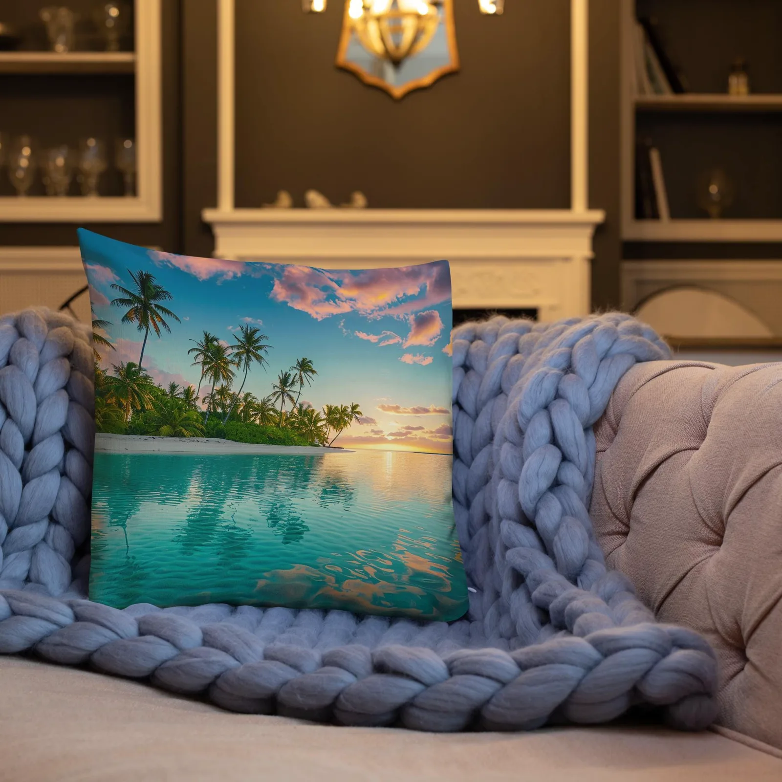 Tropical Lagoon Sunset Throw Pillow: Coastal Beach Linen-Feel Decor, photo 9