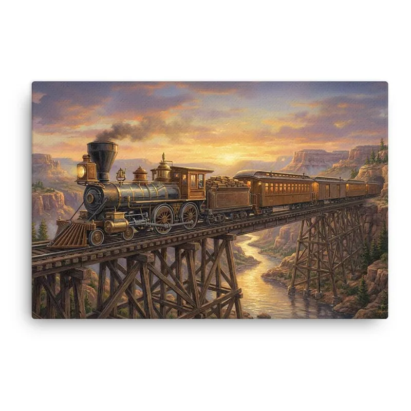 Vintage American Train Locomotive Thin Canvas: Old West Railroad Wall Art