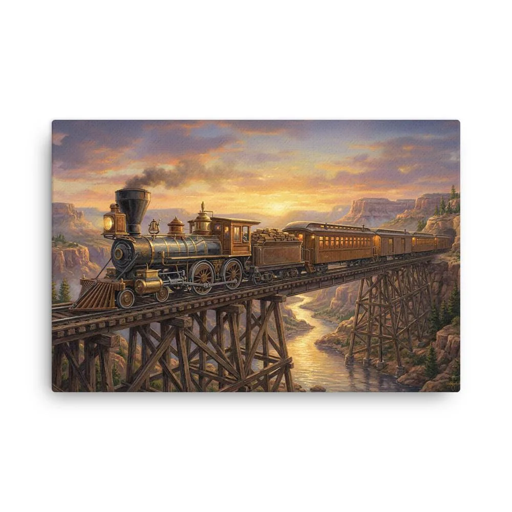 Vintage American Train Locomotive Thin Canvas: Old West Railroad Wall Art