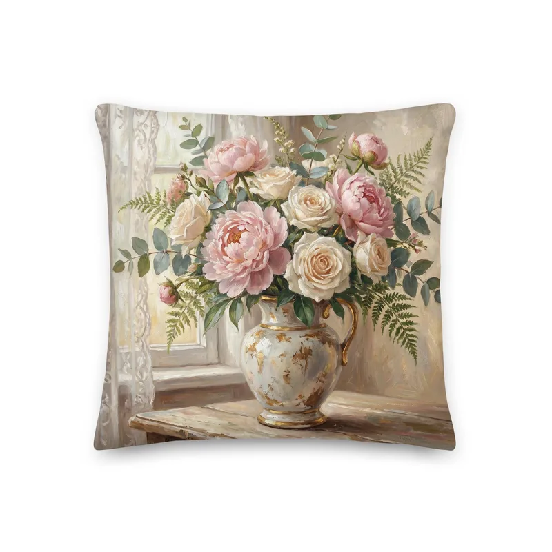 Vintage Peony Rose Throw Pillow: Elegant Cottagecore Floral Decor Cushion