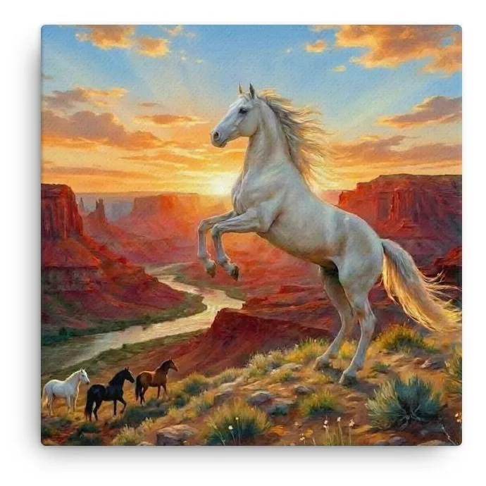 White Horse Canvas Print: Red Canyon Sunset, Western Decor