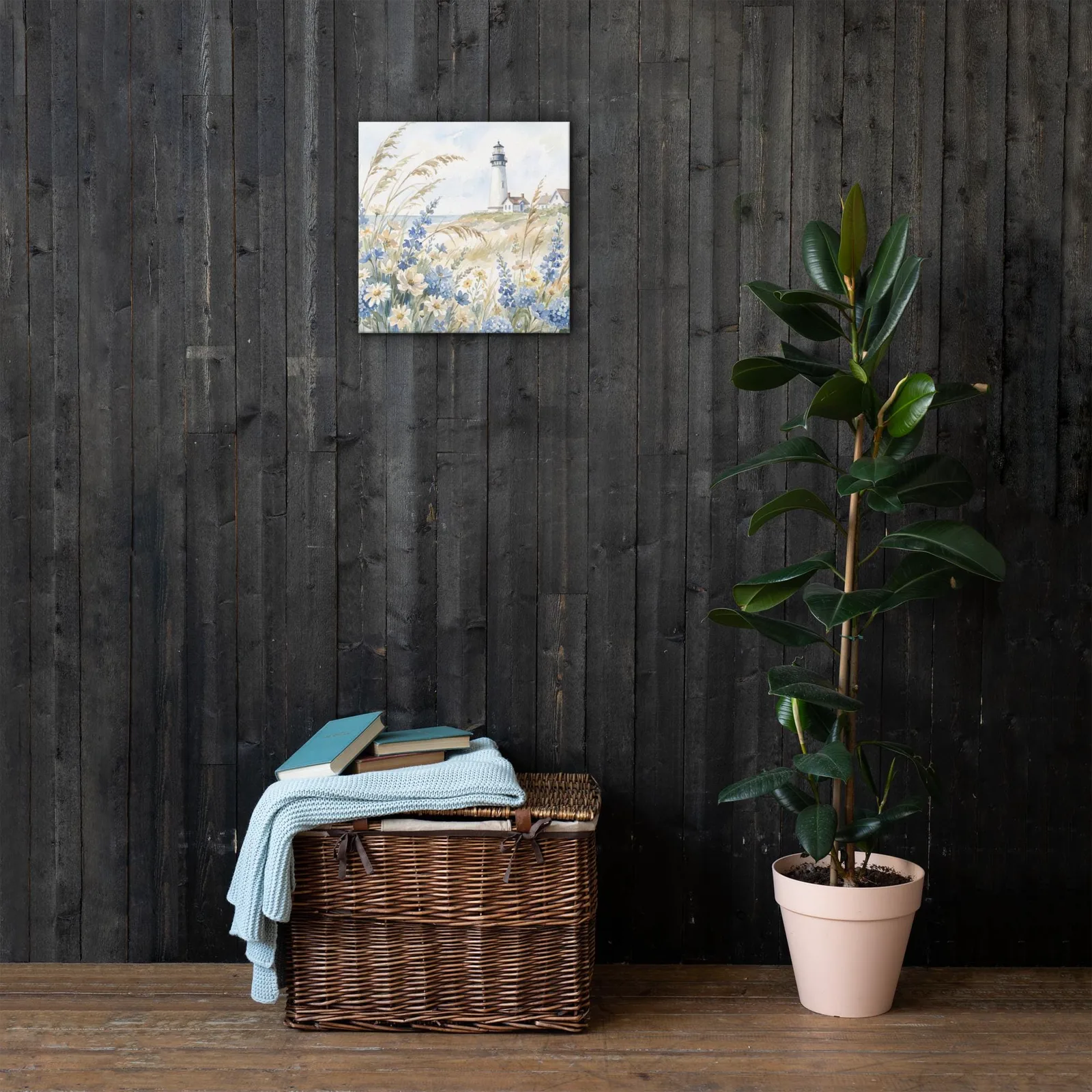 White Lighthouse Thin Canvas: Coastal Blue hydrangea Beach Decor Wall Art, photo 9