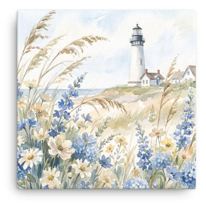 White Lighthouse Thin Canvas: Coastal Blue hydrangea Beach Decor Wall Art