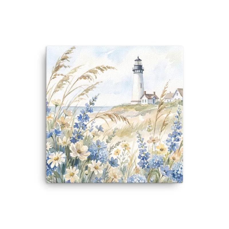 White Lighthouse Thin Canvas: Coastal Blue hydrangea Beach Decor Wall Art