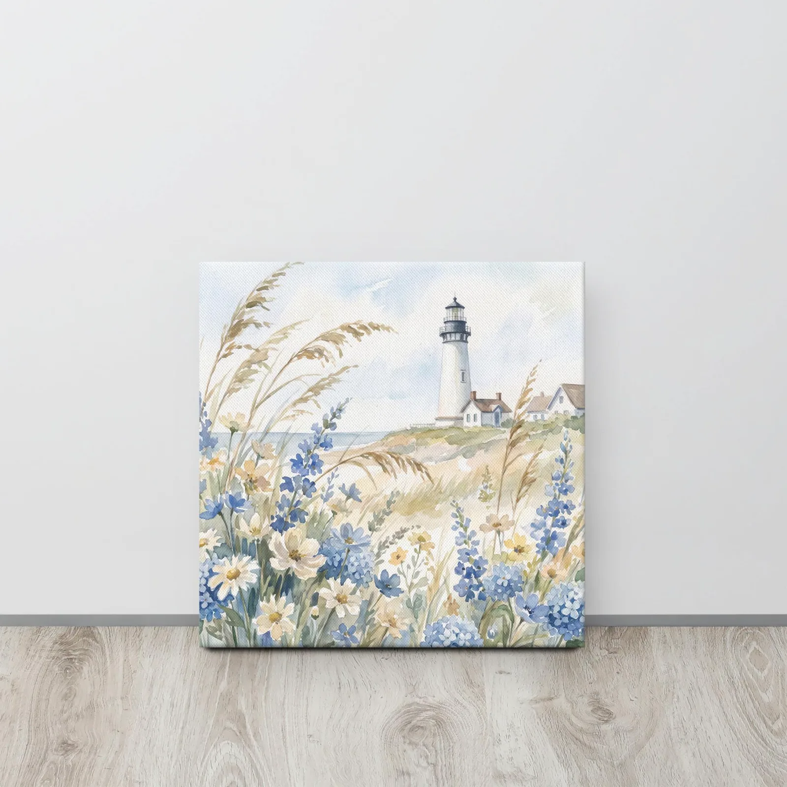 White Lighthouse Thin Canvas: Coastal Blue hydrangea Beach Decor Wall Art, photo 3