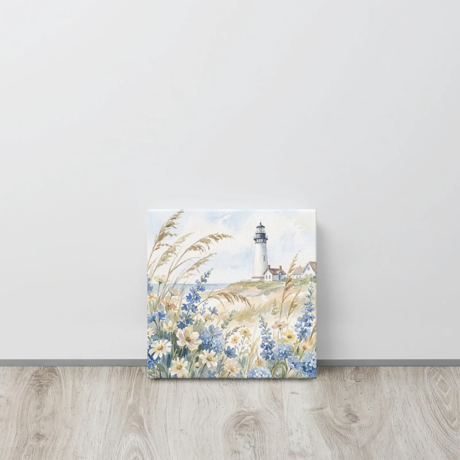 White Lighthouse Thin Canvas: Coastal Blue hydrangea Beach Decor Wall Art, photo 2
