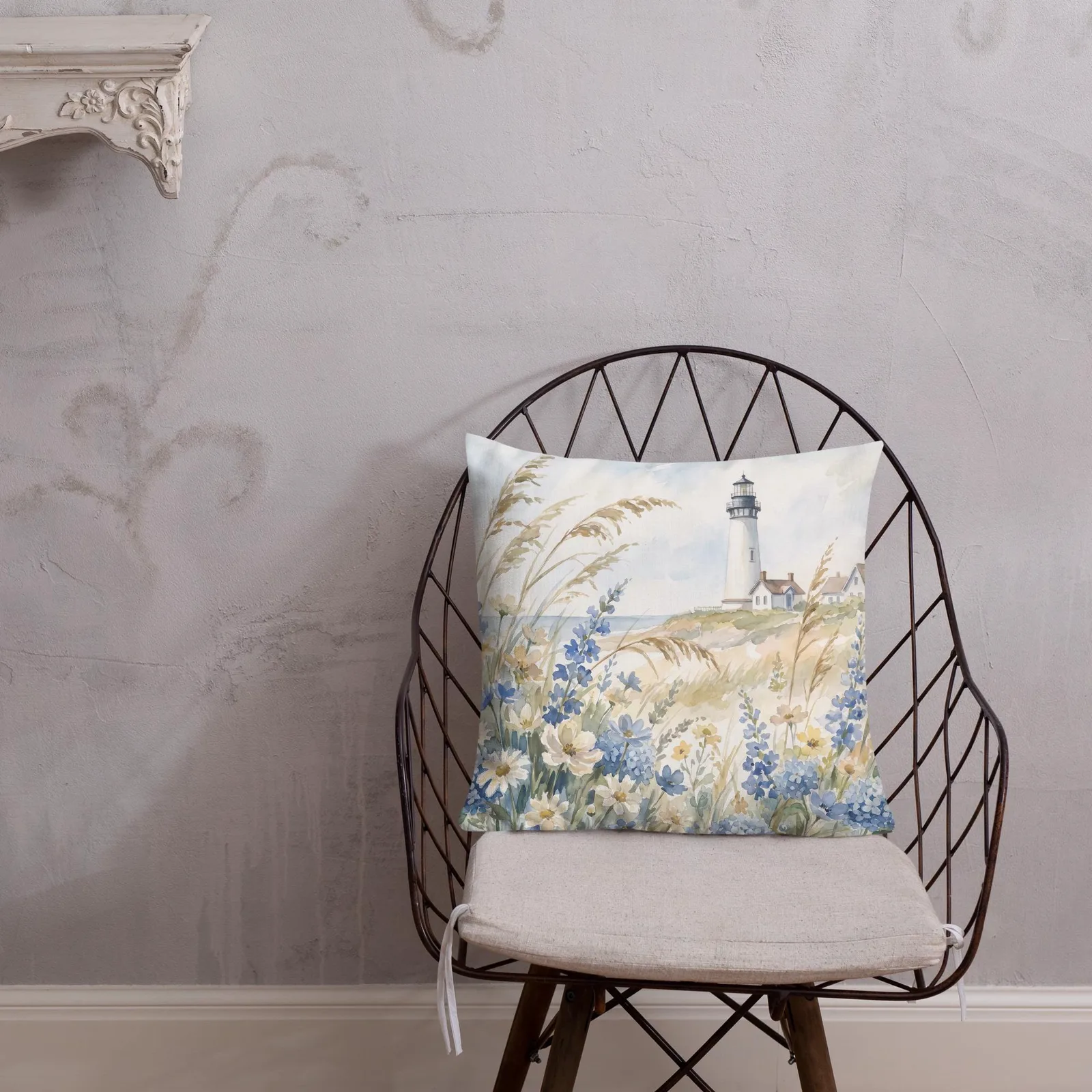 White Lighthouse Throw Pillow: Coastal Blue hydrangea Beach Decor Cushion, photo 6