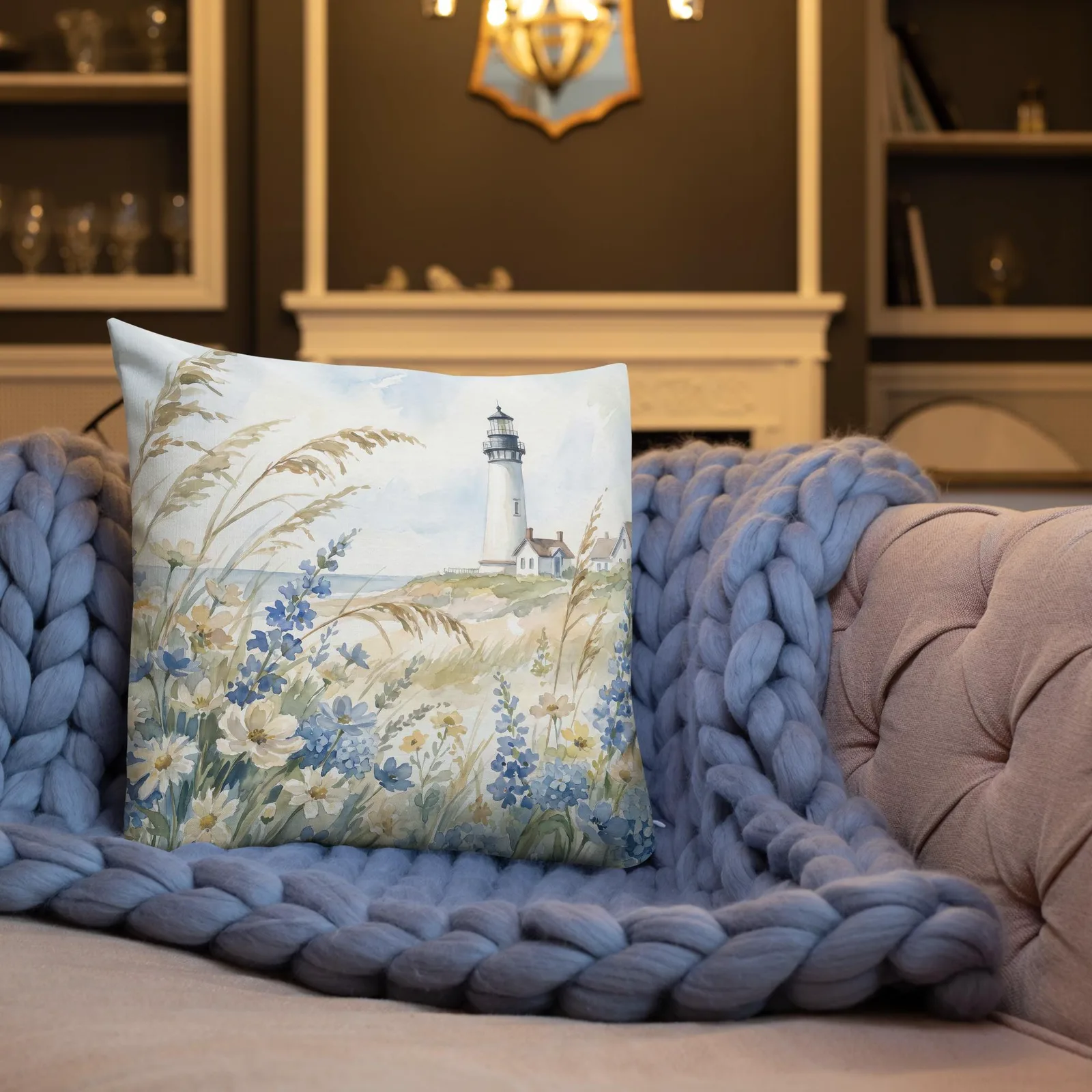 White Lighthouse Throw Pillow: Coastal Blue hydrangea Beach Decor Cushion, photo 2