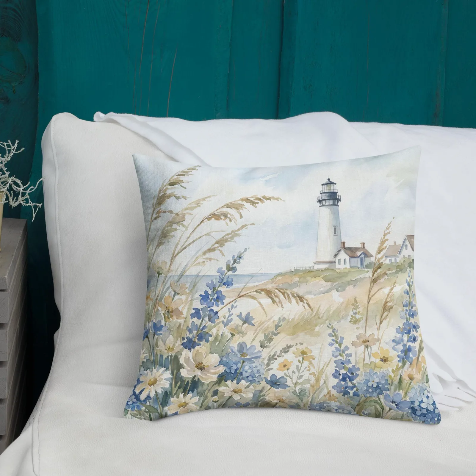 White Lighthouse Throw Pillow: Coastal Blue hydrangea Beach Decor Cushion, photo 4