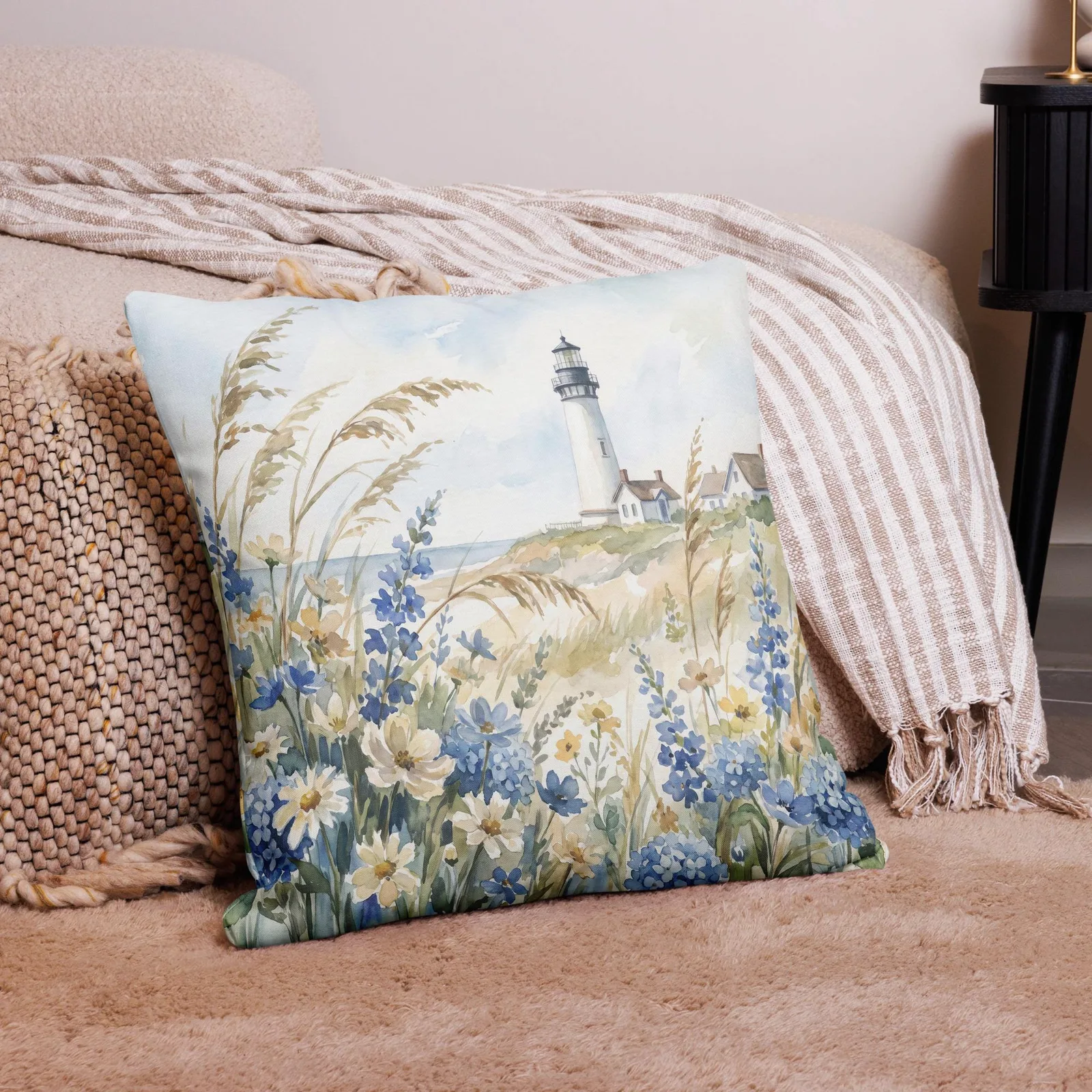 White Lighthouse Throw Pillow: Coastal Blue hydrangea Beach Decor Cushion, photo 10