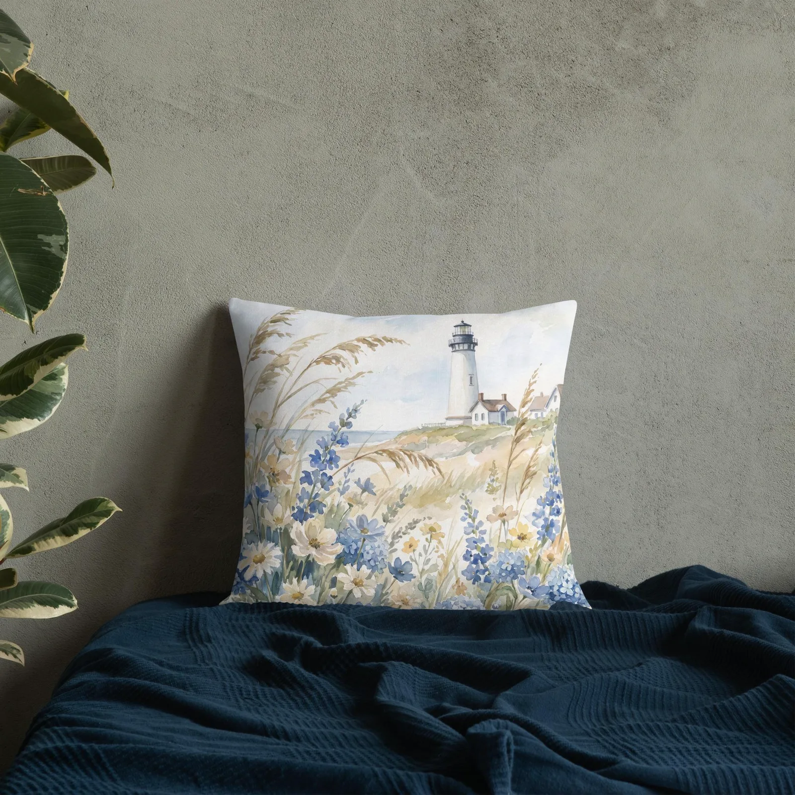 White Lighthouse Throw Pillow: Coastal Blue hydrangea Beach Decor Cushion, photo 8