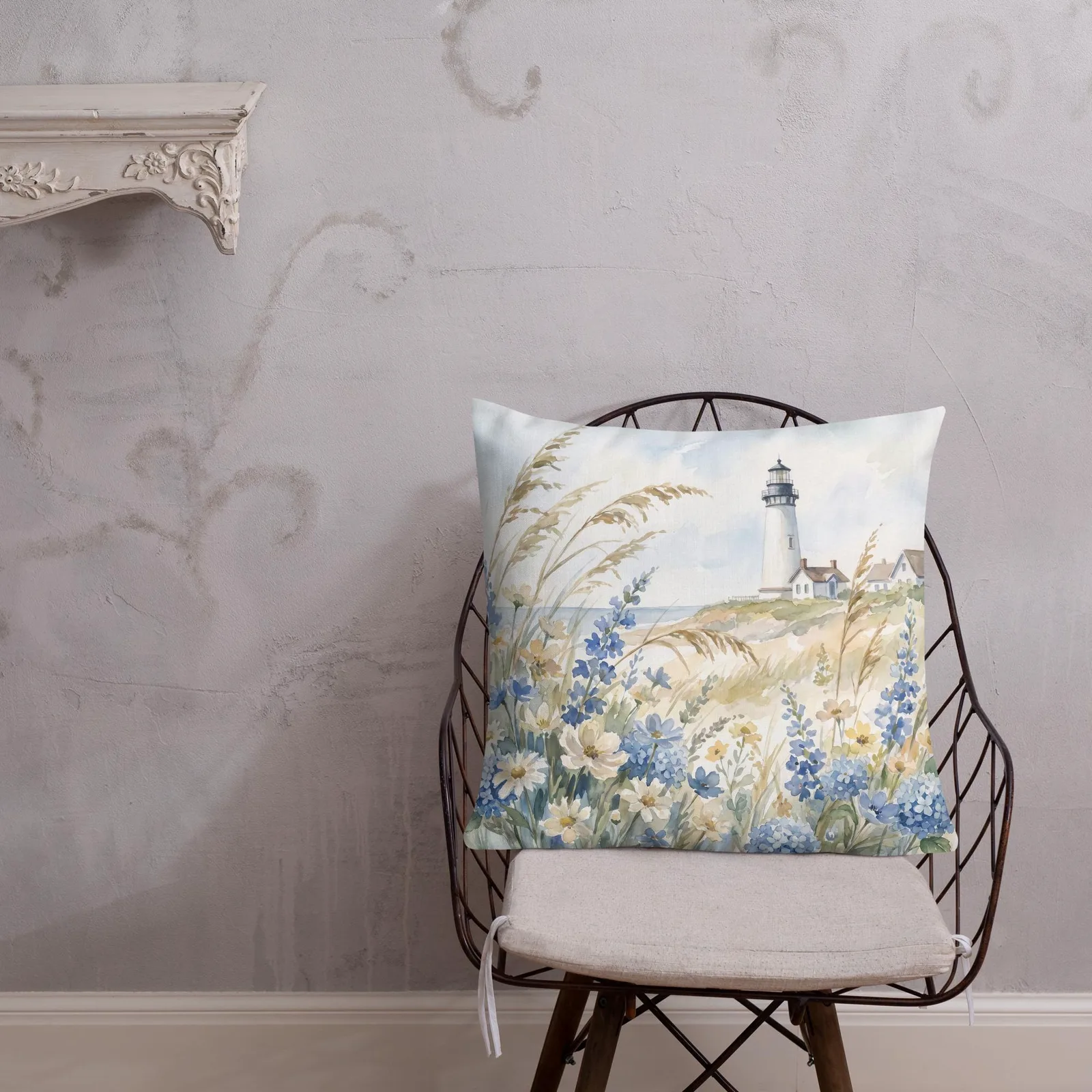 White Lighthouse Throw Pillow: Coastal Blue hydrangea Beach Decor Cushion, photo 7