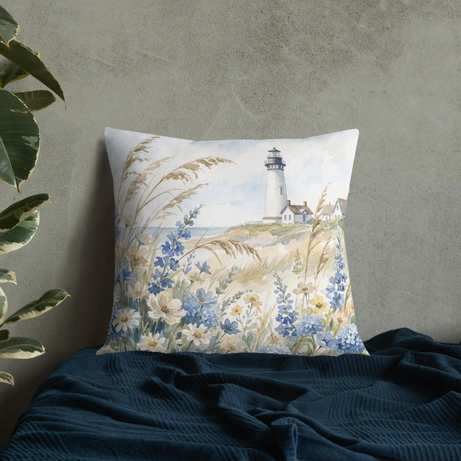 White Lighthouse Throw Pillow: Coastal Blue hydrangea Beach Decor Cushion, photo 9