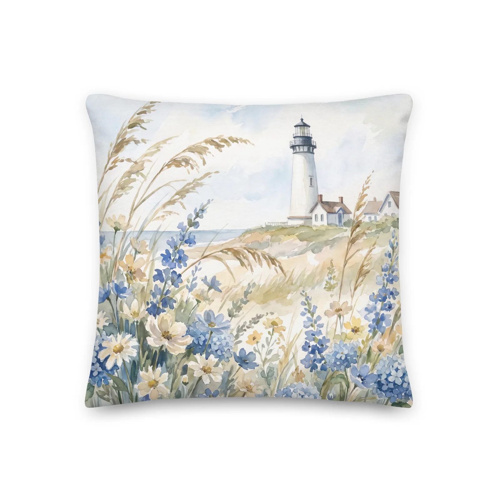 White Lighthouse Throw Pillow: Coastal Blue hydrangea Beach Decor Cushion