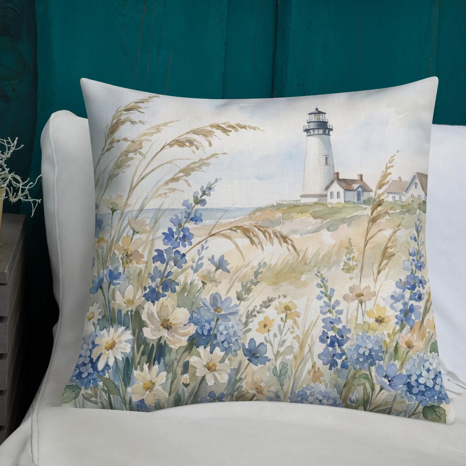 White Lighthouse Throw Pillow: Coastal Blue hydrangea Beach Decor Cushion, photo 5