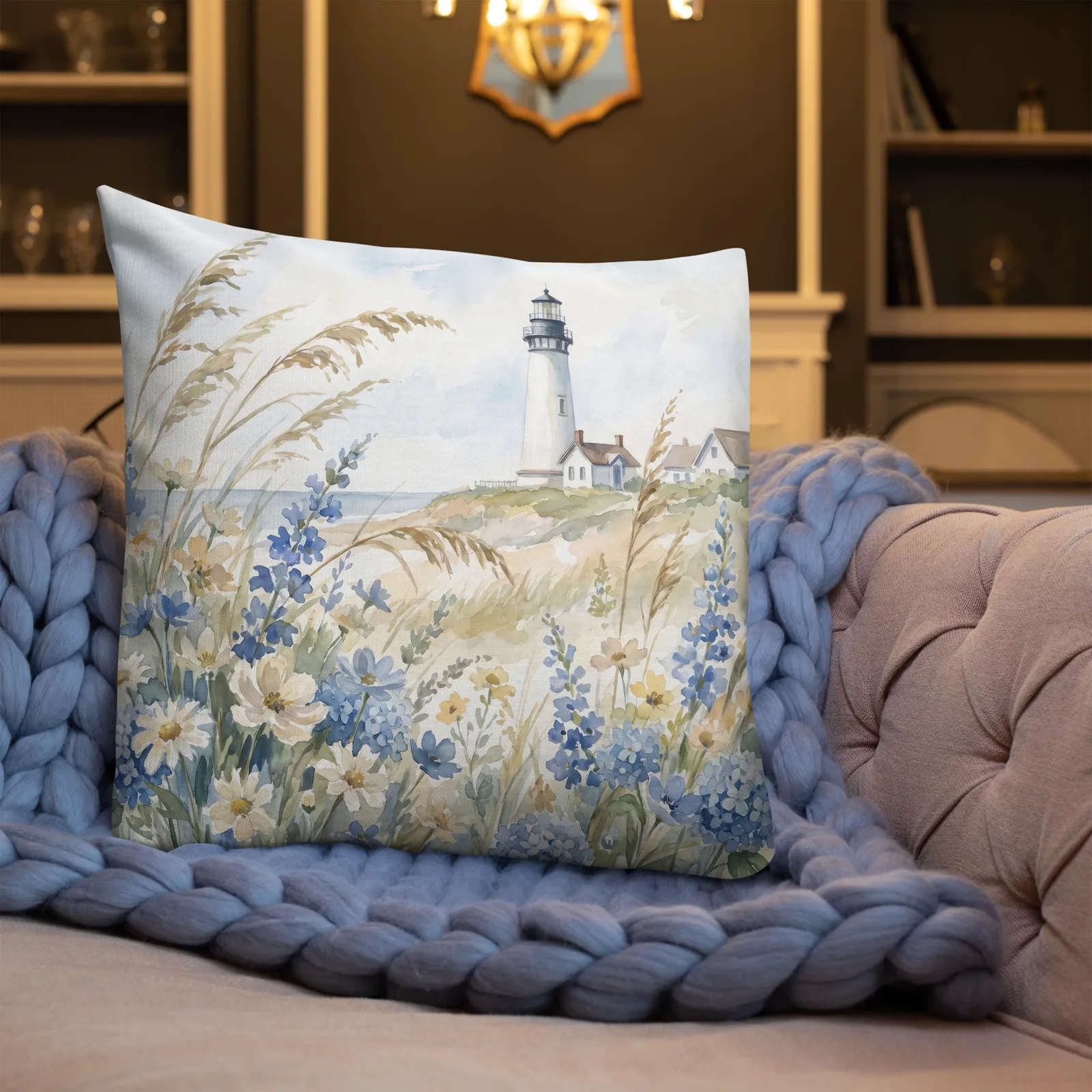 White Lighthouse Throw Pillow: Coastal Blue hydrangea Beach Decor Cushion, photo 3