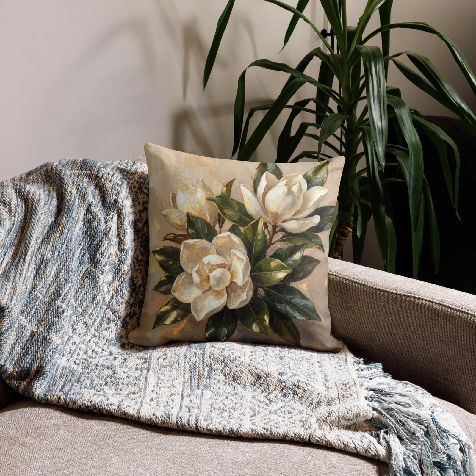 White Magnolia Throw Pillow: Elegant Floral Decor Cushion, photo 4