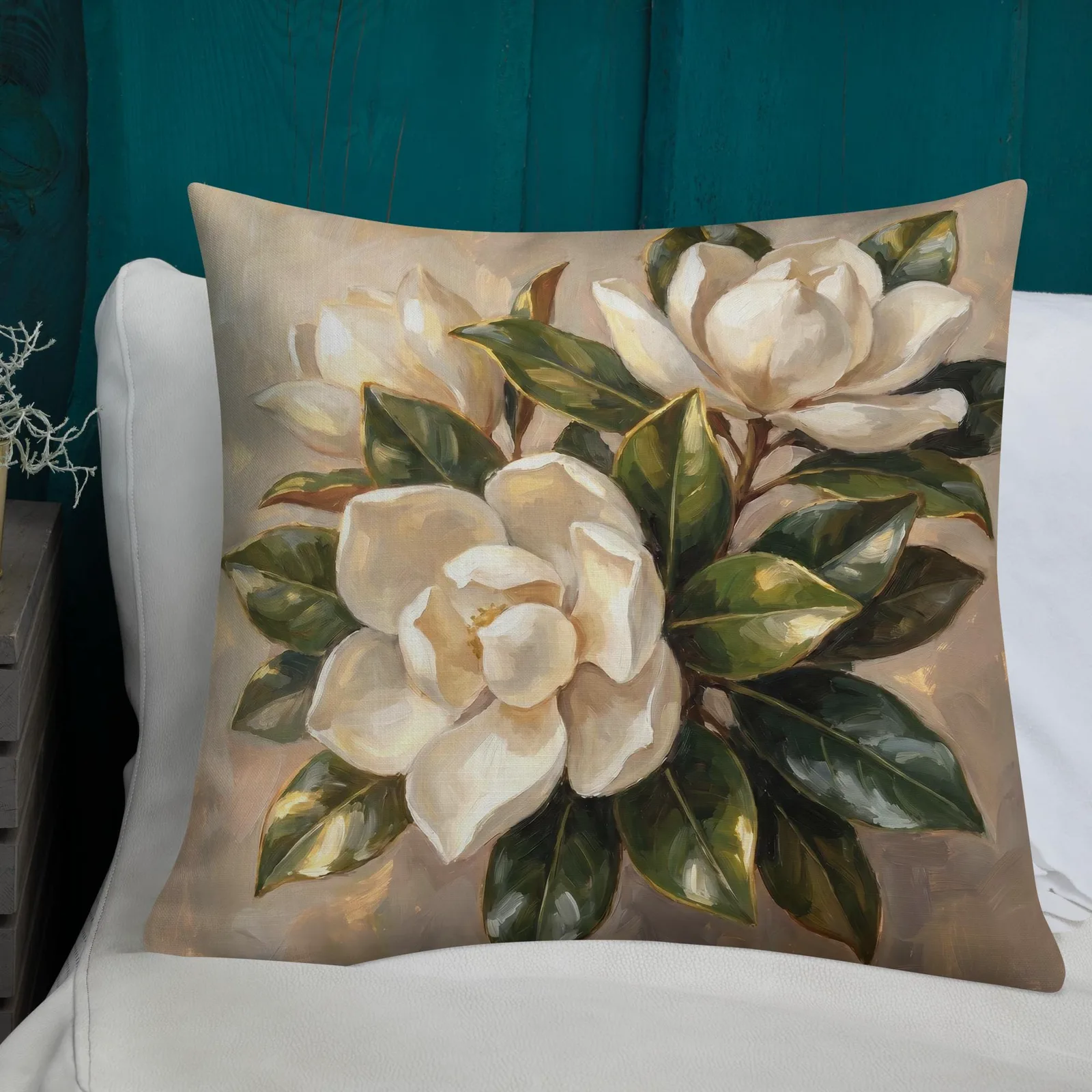 White Magnolia Throw Pillow: Elegant Floral Decor Cushion, photo 3