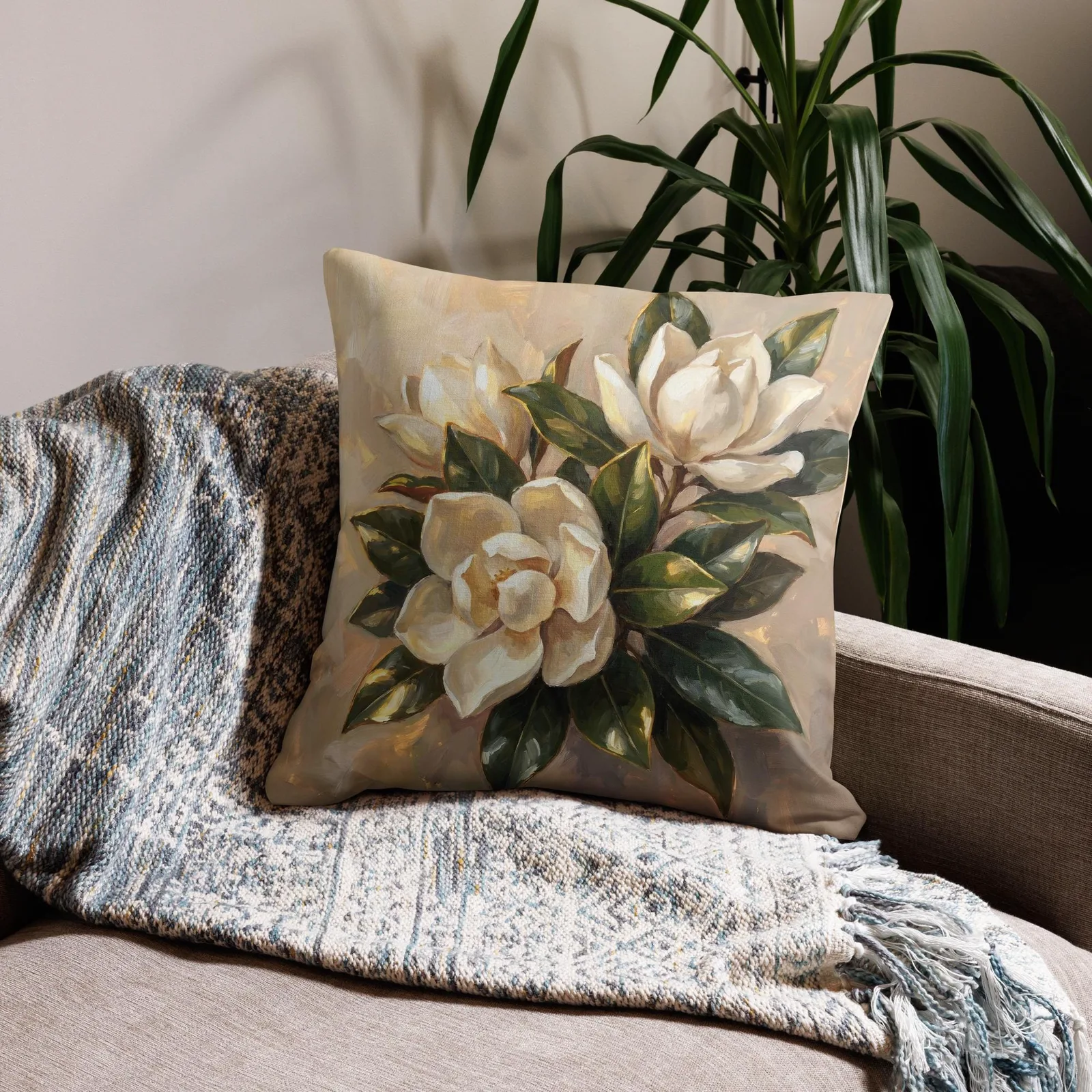 White Magnolia Throw Pillow: Elegant Floral Decor Cushion, photo 5
